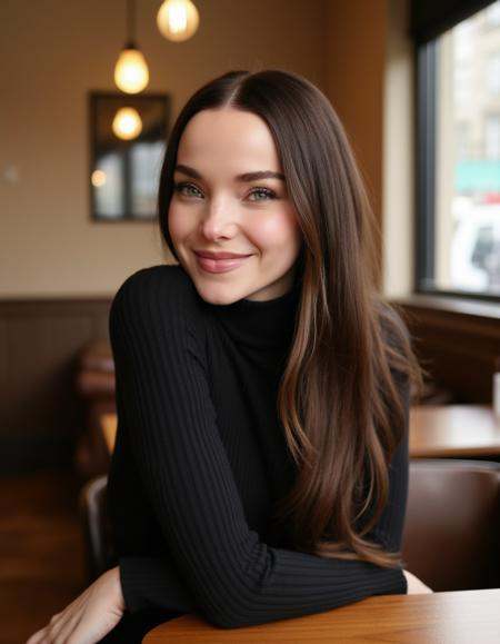 brunette,  wearing a turtle neck dress sitting in a cafe looking at the viewer smiling on Tensor.Art