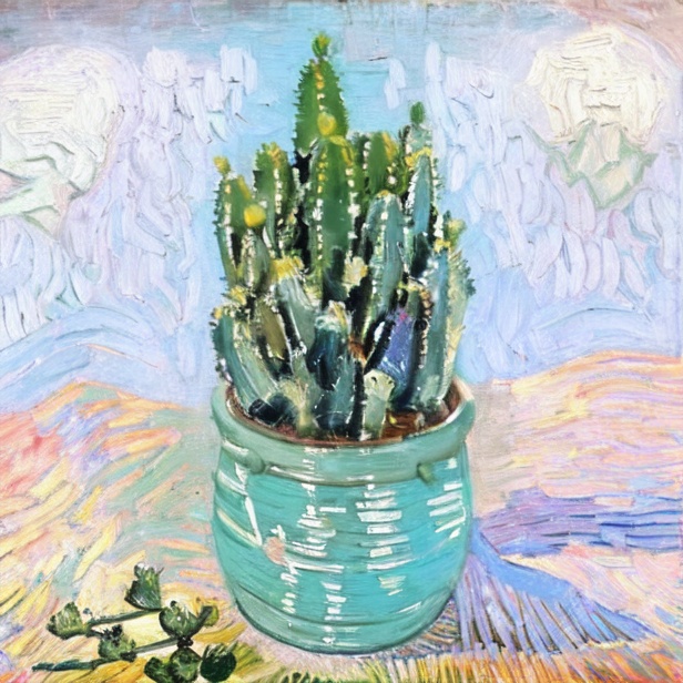 masterpiece,best quality,<lora:Van Gogh style:1.2>,oil painting,brush strokes,van gogh,potting,green leaf,white background,light blue flowerpot,cactus,