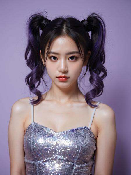 score_9, score_8_up, score_7_up, score_6, score_5, score_4, realistic, japanese, 1girl, sexy, beutiful girl, photo, medium breasts, focus upper body, gothic gorgeous dress, sequins, white purple hair, curl hair, twin tails, purple background