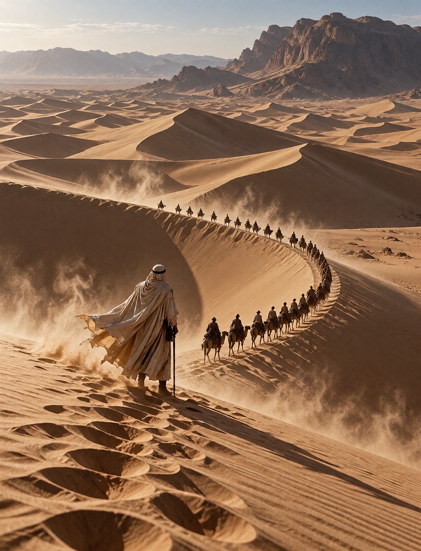 A lone ***** traveler wearing white desert robes standing on a vast sand dune,  a caravan of camel riders crossing the dis...