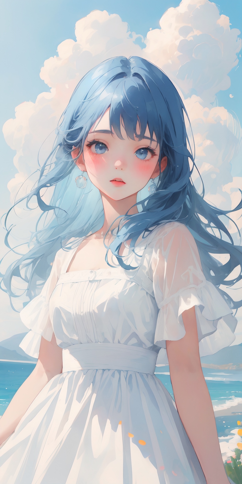 masterpiece,best quality,(masterpiece, best quality, high quality, highres, ultra-detailed),(white_theme),cloudy,(1girl:1.5),romantic scenes,light white and light blue,blue hair,lollipop,sweets,dress,candy style,<lora:candy1.1:0.4>,<lora:Wedding dressV1:0.5>,