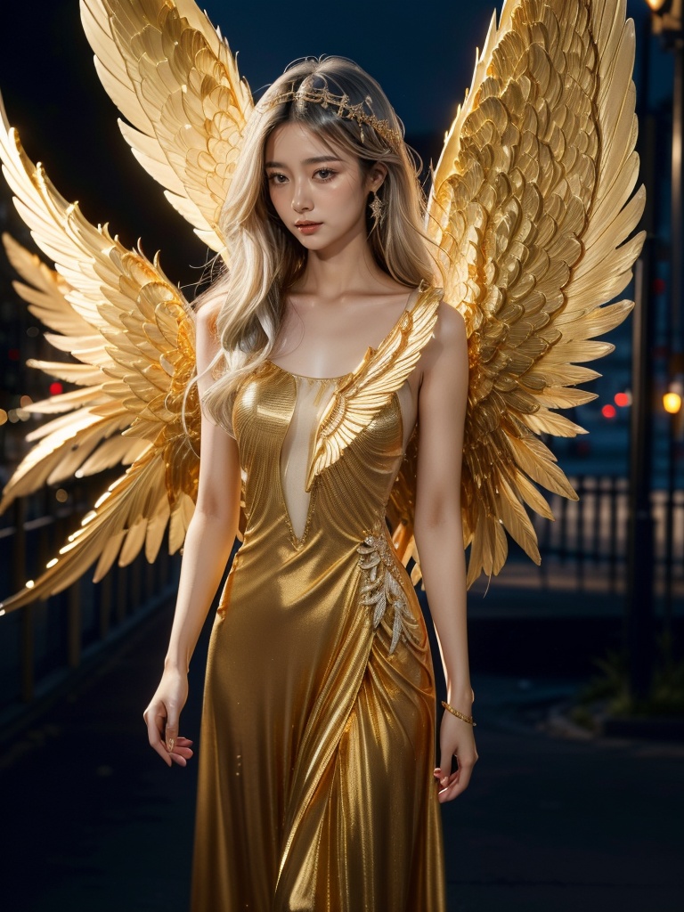 jinyingnvshen,masterpiece,best quality,1girl,exquisite details,set at night by the seaside,white hair,jewelry,<lora:jinyingnvshen-000004:0.7>,exquisite evening dress,small golden wings,((bust)),