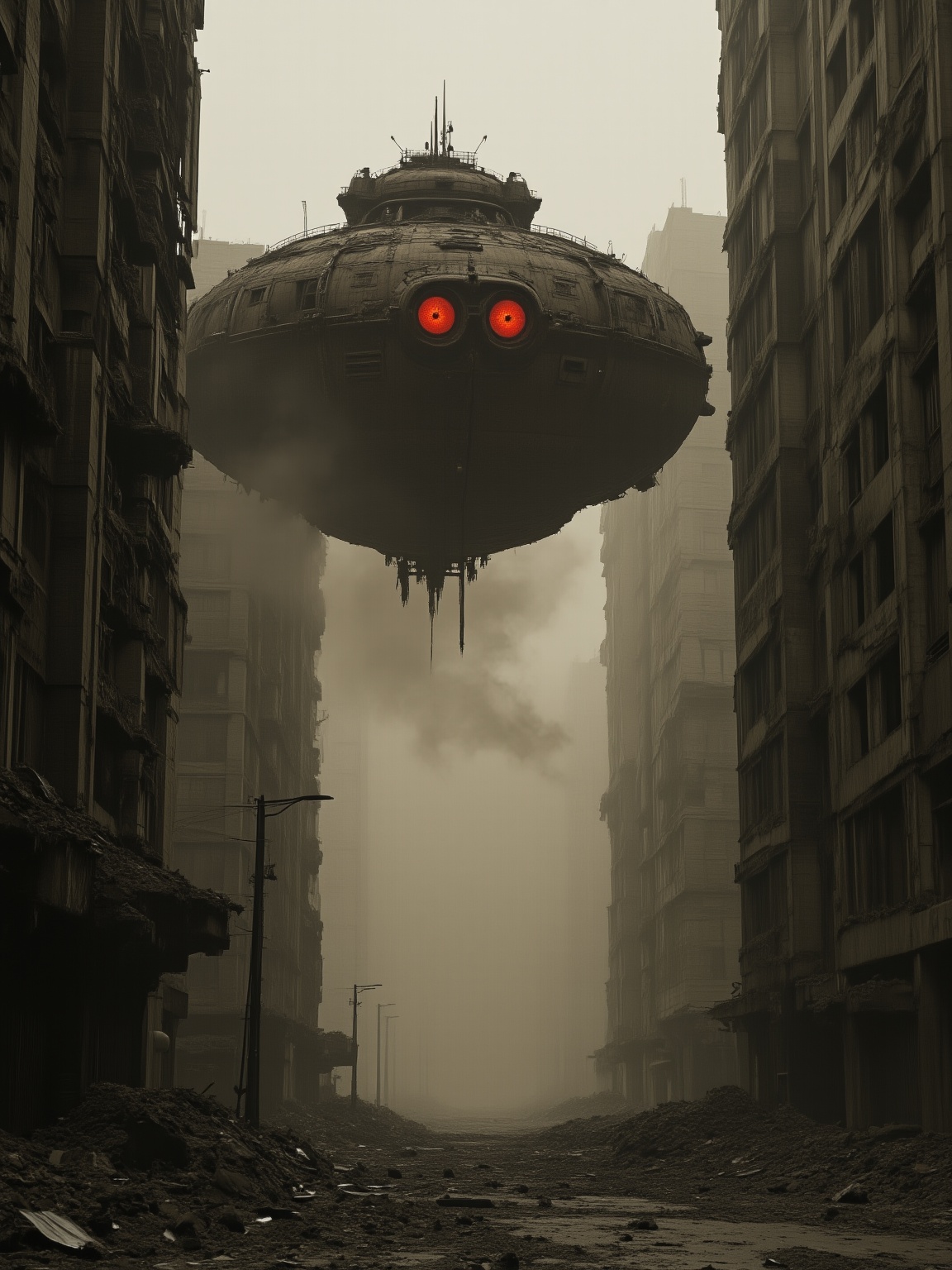 <lora:dark8:0.8>,dark,A dystopian cityscape,tall damaged buildings,streets filled with debris,a steampunk-style spaceship floating overhead,glowing red eyes,smoke-filled,