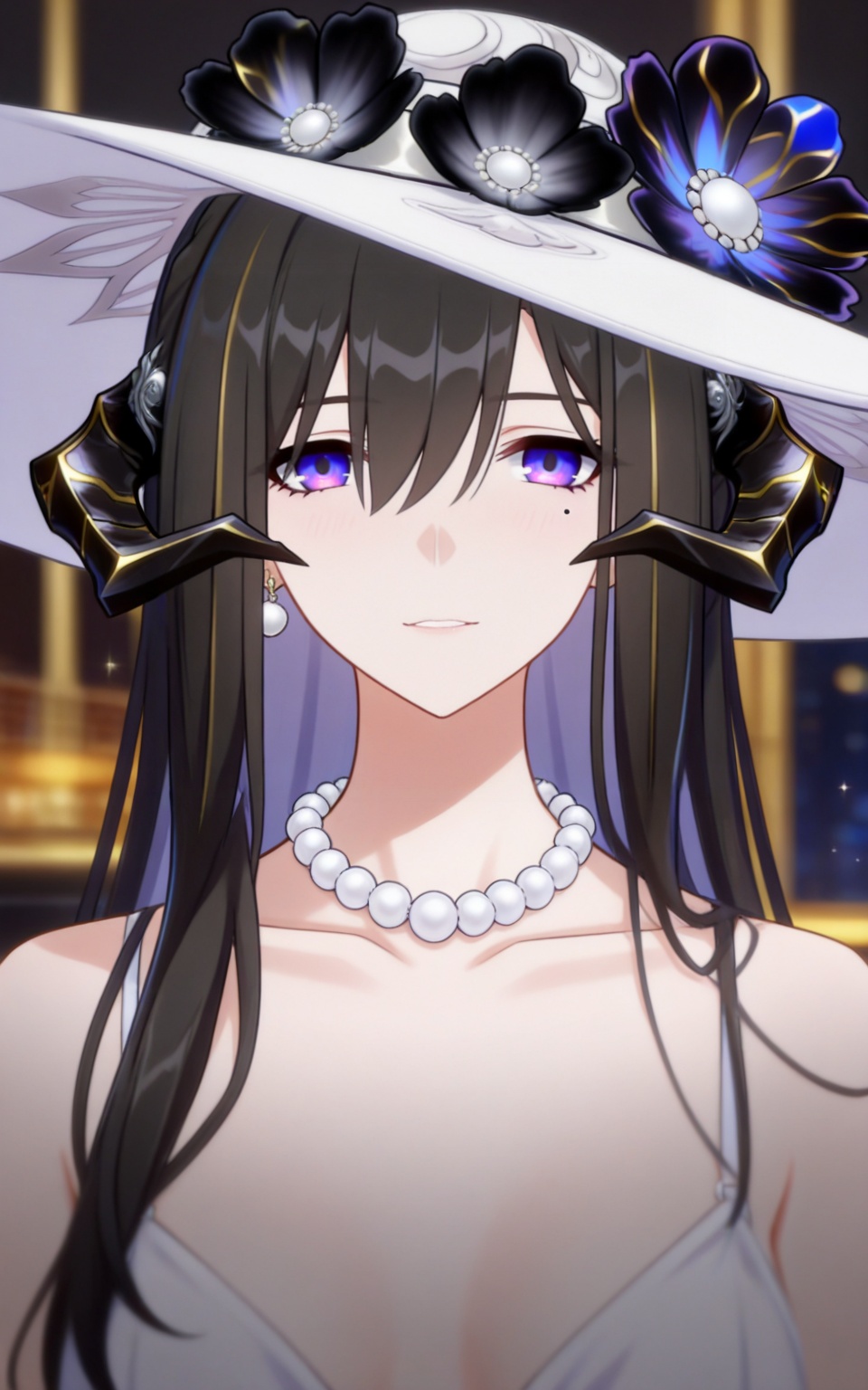 depth of field,masterpiece,best quality,very aesthetic,alternate costume,alternate costume,2024,2023,perfect composition,ultra-detailed,extreme aesthetic,masterpiece,best quality,good quality,newest,year 2024,year 2023,very aesthetic,absurdres,looking_at_viewer,colorful,long hair,multicolored hair,gradient hair,streaked hair,upper_body,<lora:大丽花·衣服百搭款ILL:0.8>,constance \(honkai: star rail\),black hair,long hair,colored inner hair,hair between eyes,purple eyes,blac horns,mole under eye,hat,hat flower,black flower,jewelry,earrings,necklace,