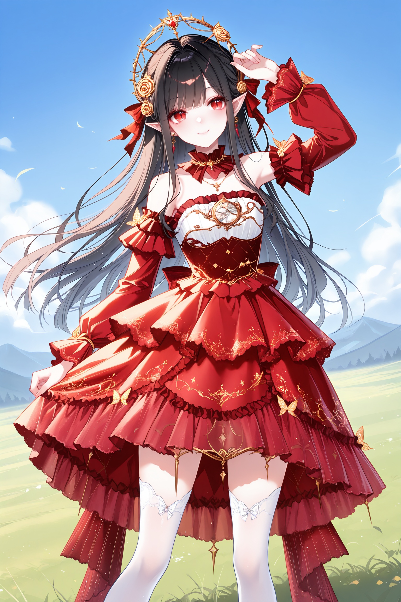 masterpiece,best quality,newest,absurdres,highres,soft shadows,year2024,mutou kurihito,[kimishima ao],[[[bison cangshu]]],[[[[[sheya]]]]],1girl,<lora:AlengerXLNAI:1>,ailan,(messy hair:1.4),black hair,pointy ears,red eyes,long hair,slit pupils,smile,twintails,<lora:wishfulaurosa2XLNAI:1.2>,wishful aurosa,dress,red dress,earrings,see-through sleeves,detached sleeves,strapless dress,dress flower,white thighhighs,print thighhighs,frilled dress,see-through dress,outdoors:1.2,grasslands,dress tug,legs apart,arm up,arm at side,