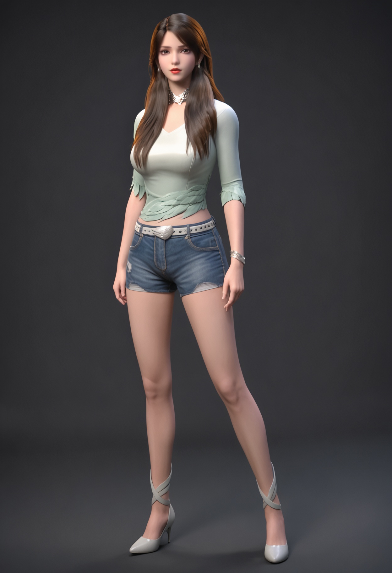 score_9,looking_at_viewer,(large breasts:0.8),1girl,solo,brown hair,long hair,realistic,brown eyes,lips,jewelry,earrings,shirt,necklace,red lips,denim,shorts,belt,high heels,standing,(simple background,pure black background,black background:1.1),perfect_anatomy,<lora:QQSponybaizhiV1:0.8>,