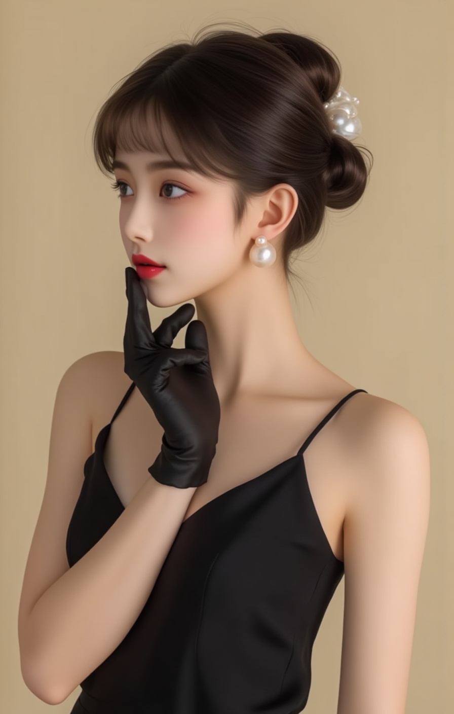 In an Asian photo,a young woman with straight hair and an elegant bun is wearing a sleeveless black dress,with soft side lights highlighting her silhouette. A neutral beige background with a ************* focus,she has a natural red lipstick. She wore pearl earrings with a side profile and elegantly placed black gloves on her chin,creating a granular cinematic texture. In her early twenties,her expression was calm and thoughtful,and her composition was steady and elegant.,<lora:女生(3):1>