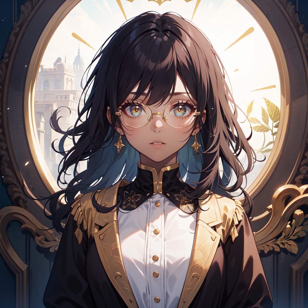 light, 1girl,MEDIUM,black hair,golden pupil,glasses,dark skin,elegant,wavy hair,air bangs,