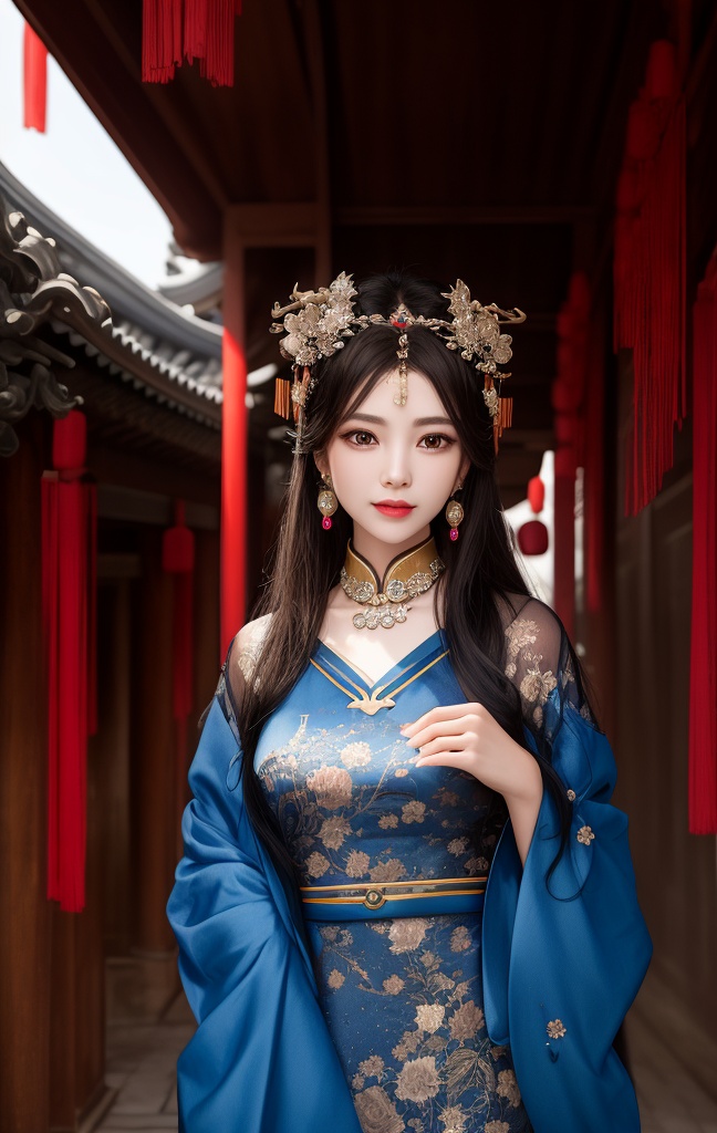 best quality, masterpiece, highres, 1girl,china dress,Beautiful face,hair ornament, solo,looking at viewer,smile,closed mouth,lips,china dress,dress,hair ornament, necklace, jewelry, long hair, earrings, chinese clothes,architecture,east asian architecture,building,outdoors,rooftop,city,cityscape,dark studio, rim lighting, two tone lighting, dimly lit, low key <lora:GuoFeng3.2_Lora_light:1.5>