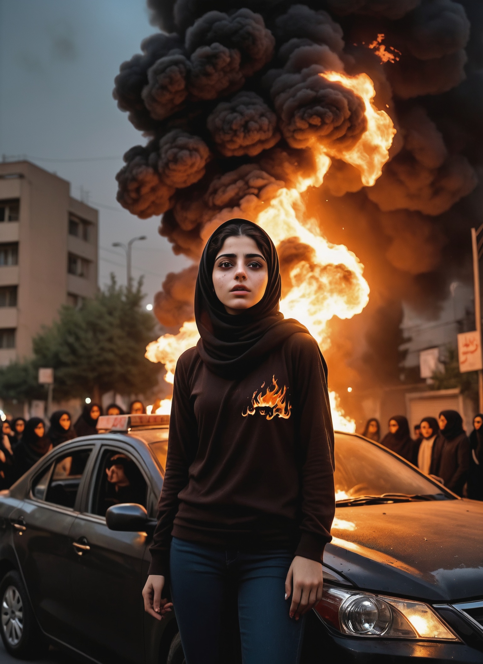 dark aesthetic photo,  an Iranian girl amidst a chaotic street protest in Tehran,  The scene is filled with tension and un...