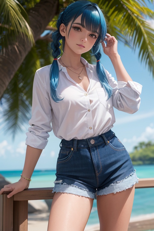 (masterpiece,best quality:1.5),ultra realistic,32k,RAW photo,(high detailed skin:1.2), 8k uhd, dslr, soft lighting, high quality, film grain,award winning ,(🌋),🌵, (summer day ),lady ,necklace ,eardrop, Maldives, ( DayGlo blue Pair a button-down shirt with tailored shorts and loafers. ) , blue hair hair pigtails ,