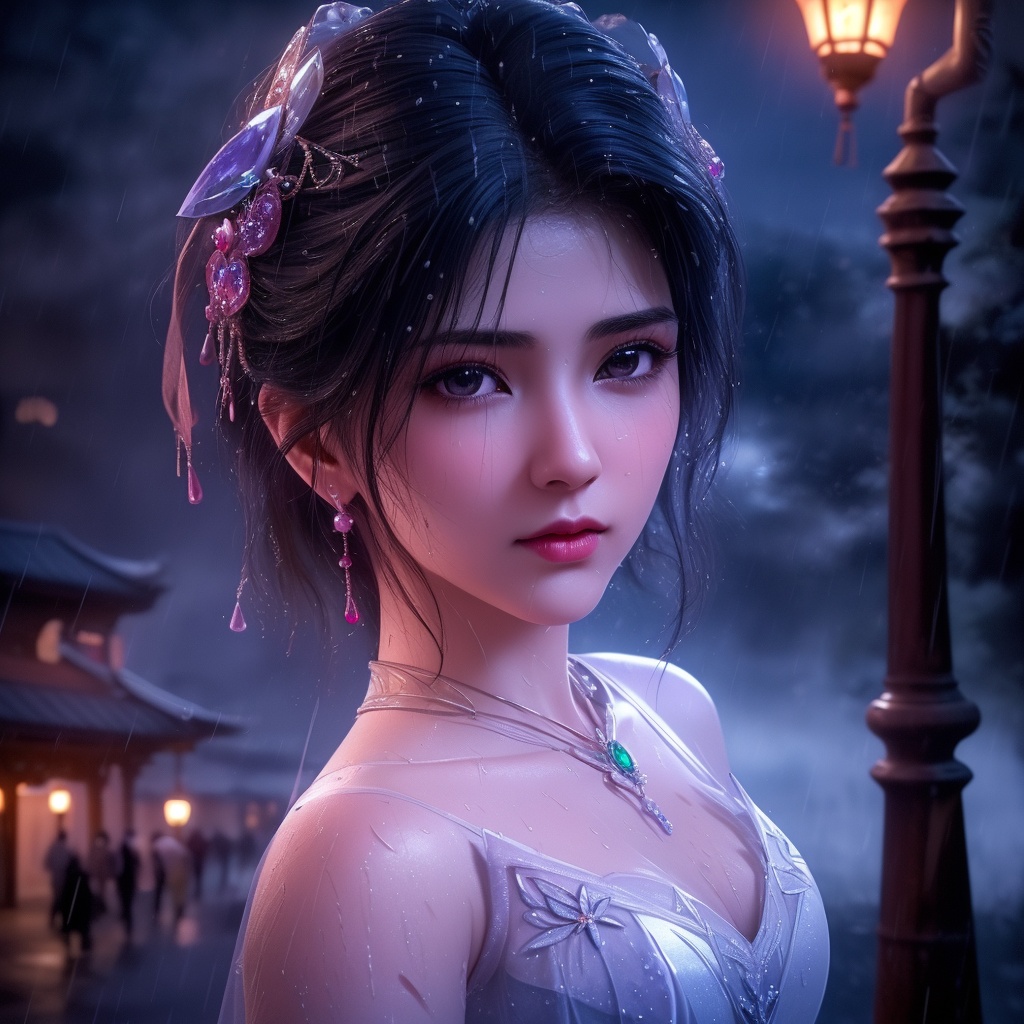 <lora:神墓-梦可儿:0.8>  (,1girl, ,best quality, ),looking at viewer, ,ultra detailed 8k cg, ultra detailed background,  ultra realistic 8k cg,          cinematic lighting, cinematic bloom, (( , )),,  , unreal, science fiction,  luxury, jewelry, diamond, pearl, gem, sapphire, ruby, emerald, intricate detail, delicate pattern, charming, alluring, seductive, erotic, enchanting, hair ornament, necklace, earrings, bracelet, armlet,halo,masterpiece, (( , )),,  ,cherry blossoms,(((, night,night sky,lamppost,  ultra high res, (photorealistic:1.4), raw photo, 1girl, , rain, sweat, ,wet, )))(( , ))   (cleavage), (),