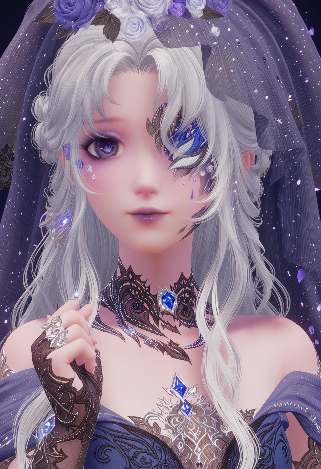 (upper_body:1.2),(looking at viewer:1.1),facing viewer,direct gaze,<lora:YQ_pony_nuannuan36_V4:0.8>,q1528437228,1girl,solo,jewelry,long hair,white hair,purple eyes,dress,hair flower,hair ornament,makeup,earrings,gloves,ring,eyepatch,petals,purple lips,bridal gauntlets,pointy ears,blue eyes,grey hair,high heels,one eye covered,choker,pantyhose,long dress,bridal veil,fingerless gloves,necklace,fine fabric emphasis,bow,braid,eyeshadow,BREAK simple background,pure black background,black background,perfect anatomy,