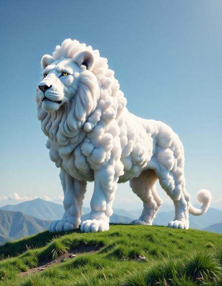 A majestic lion made out of clouds entirely out of soft,  swirling clouds,  standing proudly on a grassy hill under a clea...