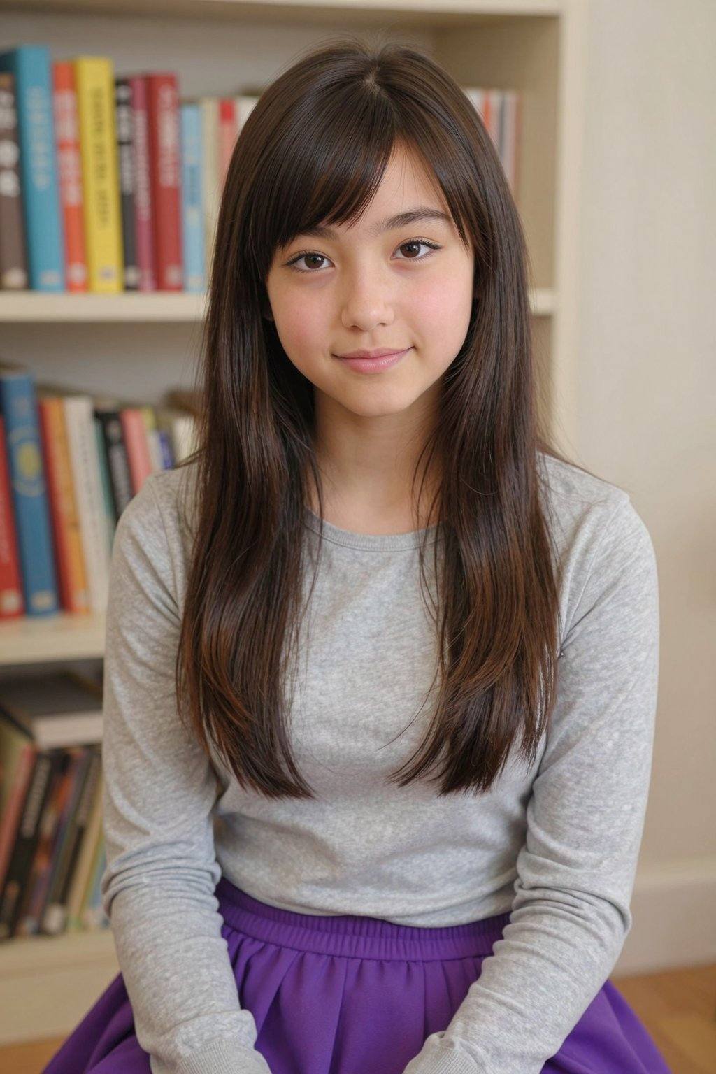 This photograph features an 15 year-old girl with long, straight, dark brown hair and bangs, wearing a light grey long-sleeve shirt and a purple skirt. She has a fair complexion, almond-shaped eyes with black eyeliner, and a subtle smile. She is seated, Background with a bookshelf filled with colorful books in the background. The setting appears to be a cozy, well-lit room. <lora:20260107_TinZ-ImageYoungGirlLora6:1>