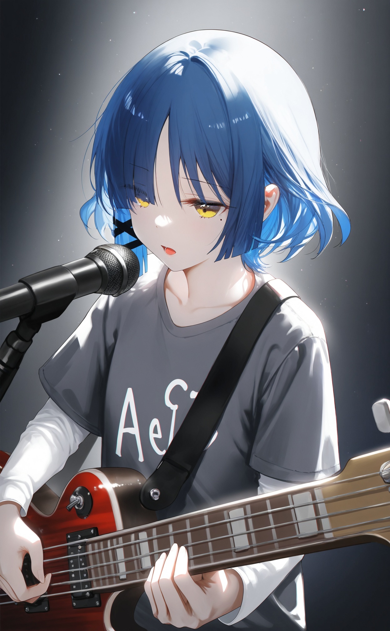 masterpiece,absurdres,best quality,((petite)),loli,high quality,chromatic_aberration,shiny_skin,//,yamada ryo,1girl,blue hair,bass guitar,microphone stand,instrument,solo,microphone,yellow eyes,shirt,short hair,white background,music,mole,simple background,holding instrument,mole under eye,holding,hair ornament,black shirt,long sleeves,eyes visible through hair,grey shirt,t-shirt,guitar,hairclip,upper body,collarbone,layered sleeves,open mouth,short sleeves,playing instrument,short over long sleeves,singing,//,very aesthetic,absurdres,newest,masterpiece,safe,amazing quality,(aestivation:2.4),(nasii:0.4),(toosaka asagi:0.4),(atdan:0.4),(iumu:0.72),(wlop:0.72),96YOTTEA,Konya Karasue,omone_hokoma_agm,//,official art,depth of field,detailed light,blurry background,best shadow,shiny skin,cinematic lighting,ray tracing,amazing quality,very aesthetic,absurdres,beast quality,ultra detailed,newest,8K,HDR,