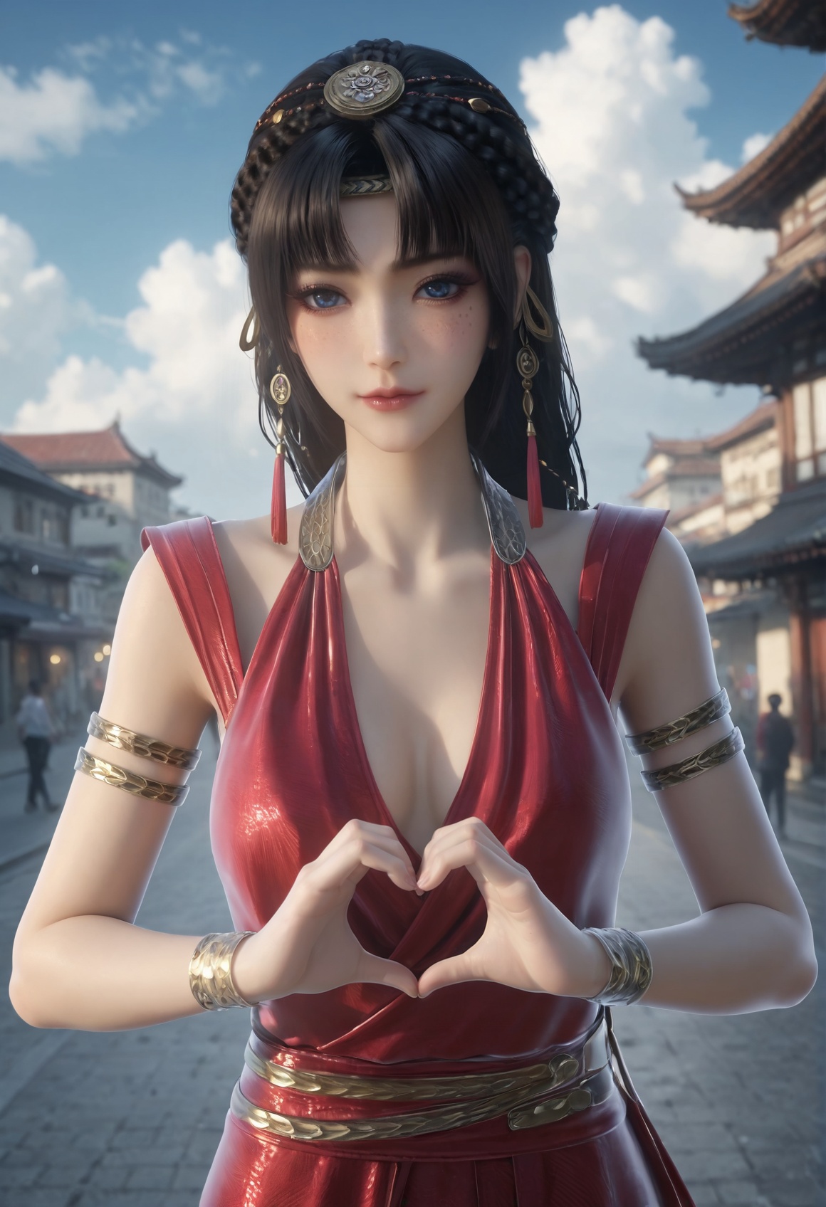 (score_9),<lora:研丽-Apony:0.85>,yanli,(mature_female:1.1),solo,black hair,braid,hair tassel,hair ornament,freckles,bangs,sleeveless dress,armlet,belt,<lora:perfect eyes_v1:0.8>,front view,looking at viewer,blue eyes,<lora:Expressive_H-000001:0.8>,(heart hands),(glamor:1.2),collarbone,pointy breasts,puffy breasts,large breasts,curvy,outdoors,street,blue sky,blur background,building,city,cloud,cloudy sky,day,depth of field,<lora:e肤色滑块:0.5>,<lora:e色温:-0.35>,