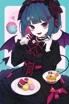 CH, high contrast, 1Girl, solo, looking at the audience, blue blue smile, short hair, open mouth, bangs, black hair accessories, long sleeves, black and red Gothic Lolita, bow, holding, jewelry, headband, food, demon wings, demon tail, Lolita fashion, Gothic Lolita, Lolita headband, macaron, purple background