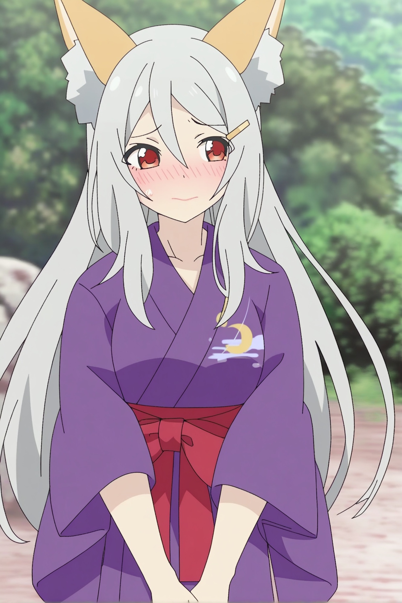 Komachi,animal ears,fox ears,1girl,red eyes,long hair,japanese clothes,blush,hair ornament,grey hair,hairclip,hair between eyes,kimono,outdoors,