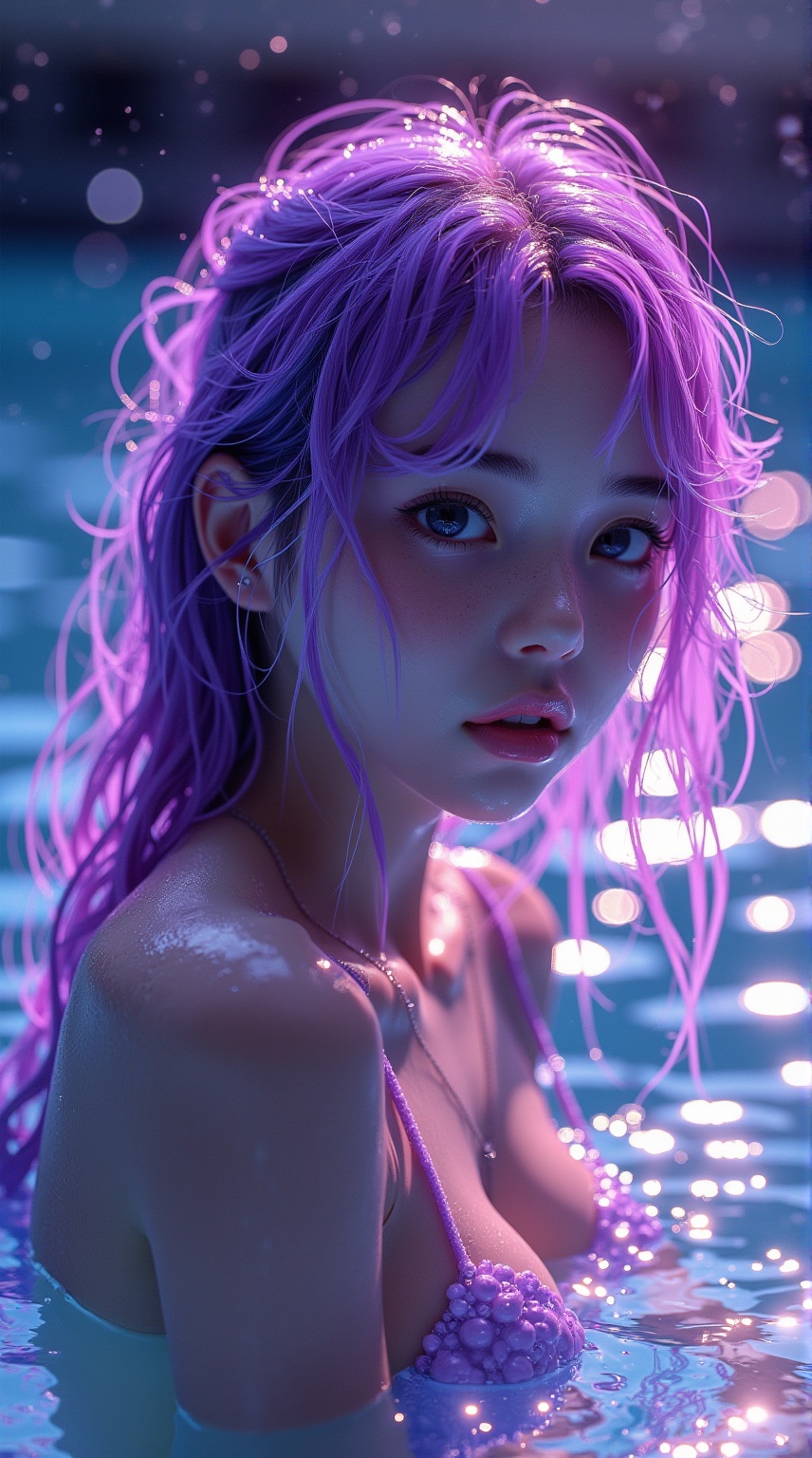 Purple girl,A young girl with vibrant purple hair,gazing into a pool of shimmering water under an ethereal light.,
