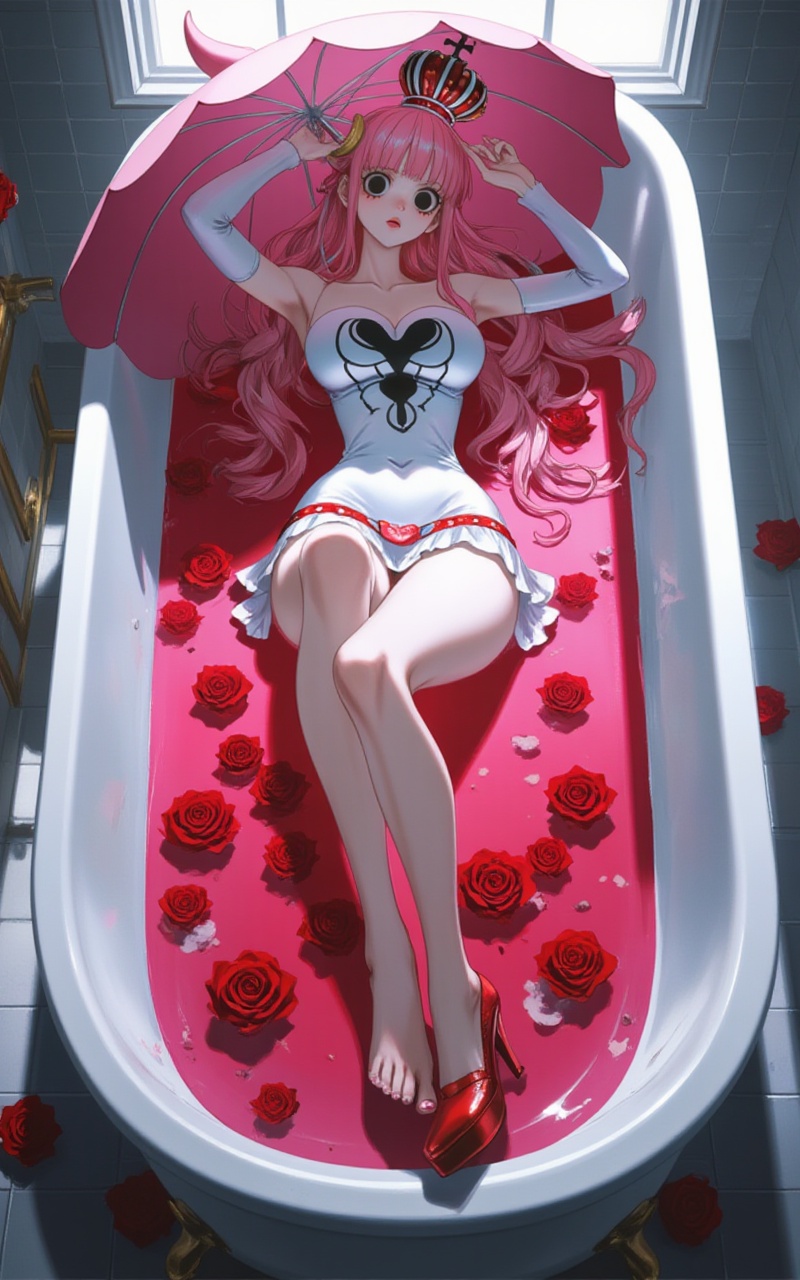 <lora:佩罗娜10:1>Perona one piece,Perona\(one piece\),crown,pink hair,black eyes,Hold an umbrella,1girl,lying in the bathtub,raise your head,high heels hanging on the toes,a large number of roses float on the water in the bathtub,dynamic pose,The warm glowing casts long shadows,a seemingly endless sea of red earth and dust down there,(artist:quasarcake:0.8),extreme aesthetic,(wlop:0.6),honjou honjou raita,lack,rella,wanke,raita,lack,rella,wanke,masterpiece,best quality,good quality,newest,year 2024,year 2023,very aesthetic,absurdres,Visual impact,A shot with tension,ultra-high resolution,32K UHD,sharp focus,best-quality,masterpiece,Emotionalization,unconventional supreme masterpiece,masterful details,temperate atmosphere,with a high-end texture,in the style of fashion photography,(Visual impact:1.2),giving the poster a dynamic and visually striking appearance,impactful picture,offcial art,colorful,movie perspective,masterpiece,best quality,amazing quality,very aesthetic,absurdres,best quality,newest,curvy,bathroom,bathtub,