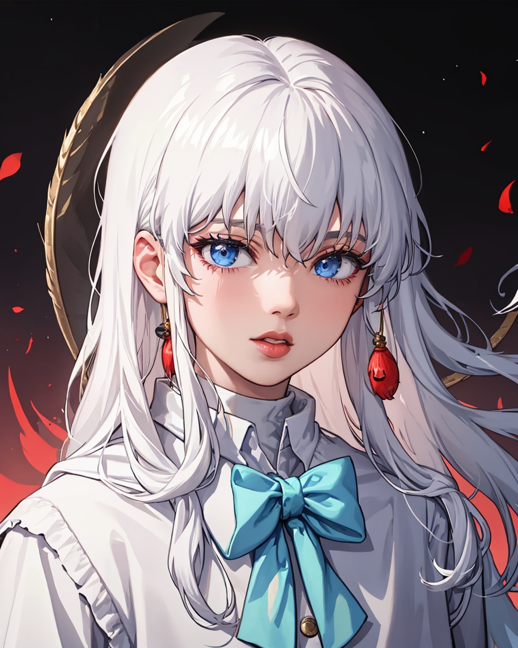 masterpiece,best quality, highly detailed, griffith (berserk),solo, 1boy, androgynous, male focus, looking at viewer, bow, upper body, lips,<lora:griffith_(berserk):1>