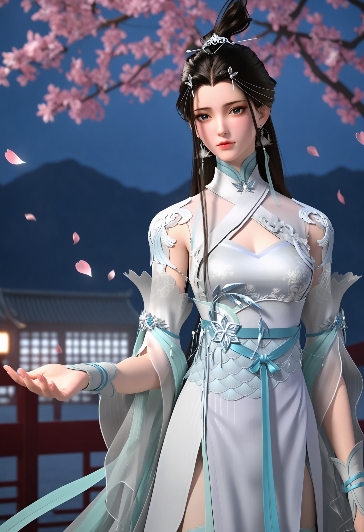 (upper_body:1.2),(looking at viewer:1.1),masterpiece,(best quality),smog,Dark room,dim lighting,peach blossom,falling petals,<lora:YQ_Illustrious光辉v5_萧轻雪_V1:0.8>,q1528437228,solo,1girl,long hair,dress,black hair,jewelry,white dress,earrings,hair ornament,chinese clothes,hair bun,forehead mark,sash,brown hair,thighhighs,single hair bun,china dress,white thighhighs,long sleeves,detached sleeves,side slit,gloves,hair rings,