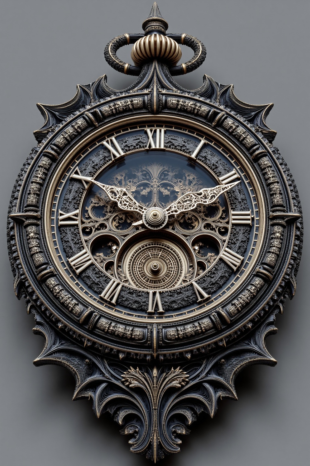 beijihui,Captured from a high-angle perspective on a gray backdrop,a black and gold clock face is adorned with intricate detailing. The face is encased in a black frame,adorned with gold accents,adding a touch of contrast to the overall composition. The clock's face features a intricate design,with a winding winding clock face. The hands of the clock are adorned with a intricate pattern,adding depth to the composition.,