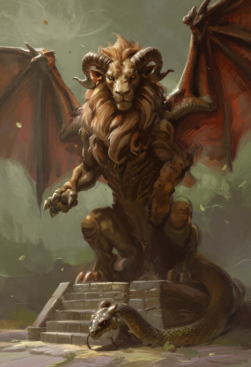 A towering,  hybrid creature with a lion's mane,  dragon wings on Tensor.Art