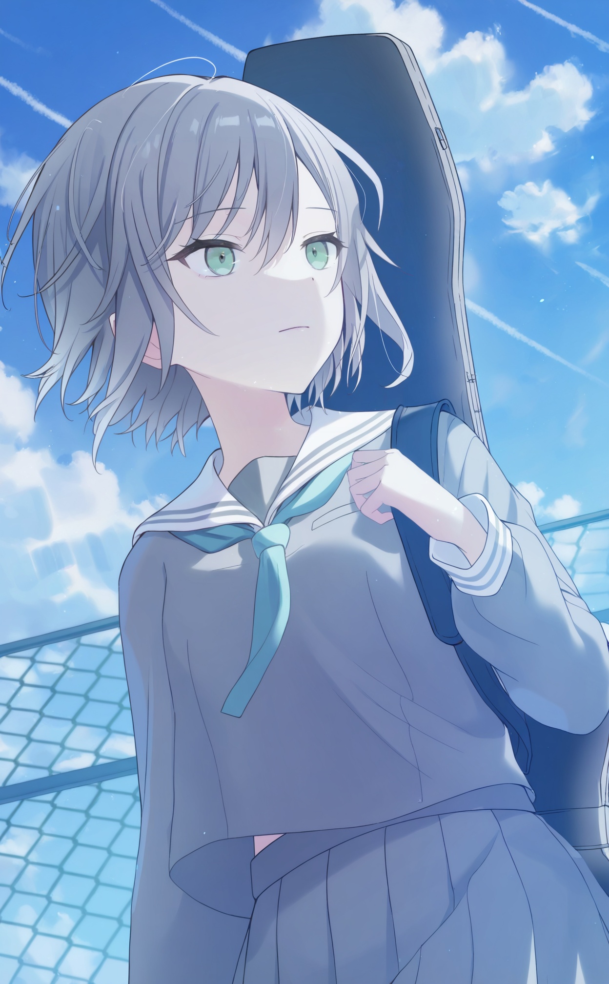 masterpiece,absurdres,best quality,loli,petite,high quality,//,1girl,instrument case,guitar case,chain-link fence,solo,school uniform,fence,green eyes,serafuku,short hair,sky,grey hair,skirt,outdoors,miyamasuzaka girls' academy school uniform,long sleeves,neckerchief,sailor collar,white sailor collar,pleated skirt,cloud,shirt,closed mouth,upper body,day,blue sky,grey shirt,blue neckerchief,grey serafuku,grey skirt,hair between eyes,contrail,looking afar,hair ornament,looking to the side,holding strap,expressionless,//,<lora:timmoo2——【noob】hans:1>,