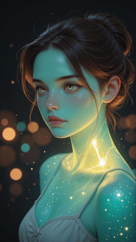masterpiece, detailed_eyes, high_quality, best_quality, highres, subject_focus, depth_of_field, complementary colors,1woman, hair_over_eye, bangs, half_updo, freckles, (neon), glowing skin,face_focus, full_body_view, soft_angle, radiant_expression, dreamy, soft_bokeh_effect, natural, gentle_breeze_effect, moody, delicate_light_particles, vintage, inspired, soft, black_background,