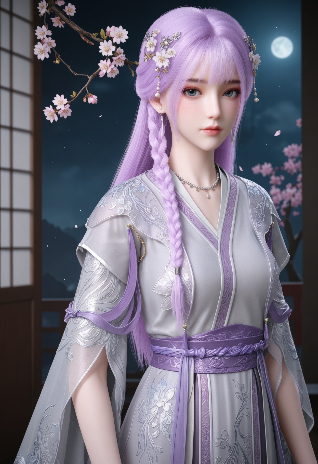 (upper_body:1.2),(looking at viewer:1.1),masterpiece,(best quality),smog,Dark room,dim lighting,peach blossom,falling petals,<lora:YQ_Illustrious光辉v5_天穹_少女_V1:0.8>,q1528437228,1girl,solo,long hair,purple hair,jewelry,hair ornament,earrings,braid,necklace,dress,hair flower,blue eyes,pink hair,chinese clothes,green eyes,side braid,grey eyes,japanese clothes,wide sleeves,long sleeves,sash,robe,