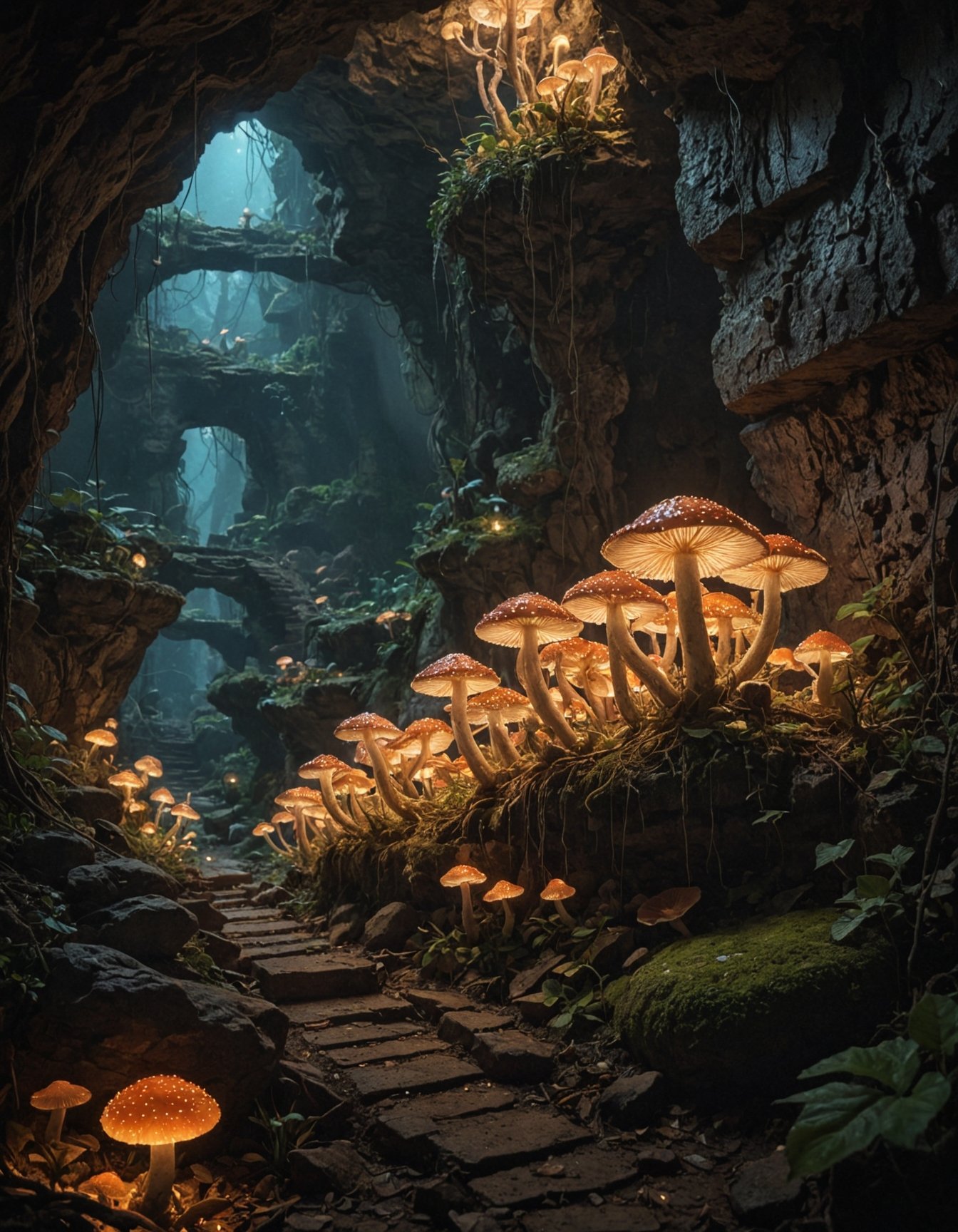 underground ancient city, glowing mushrooms, breathtaking, vibrant, magic, fantasy