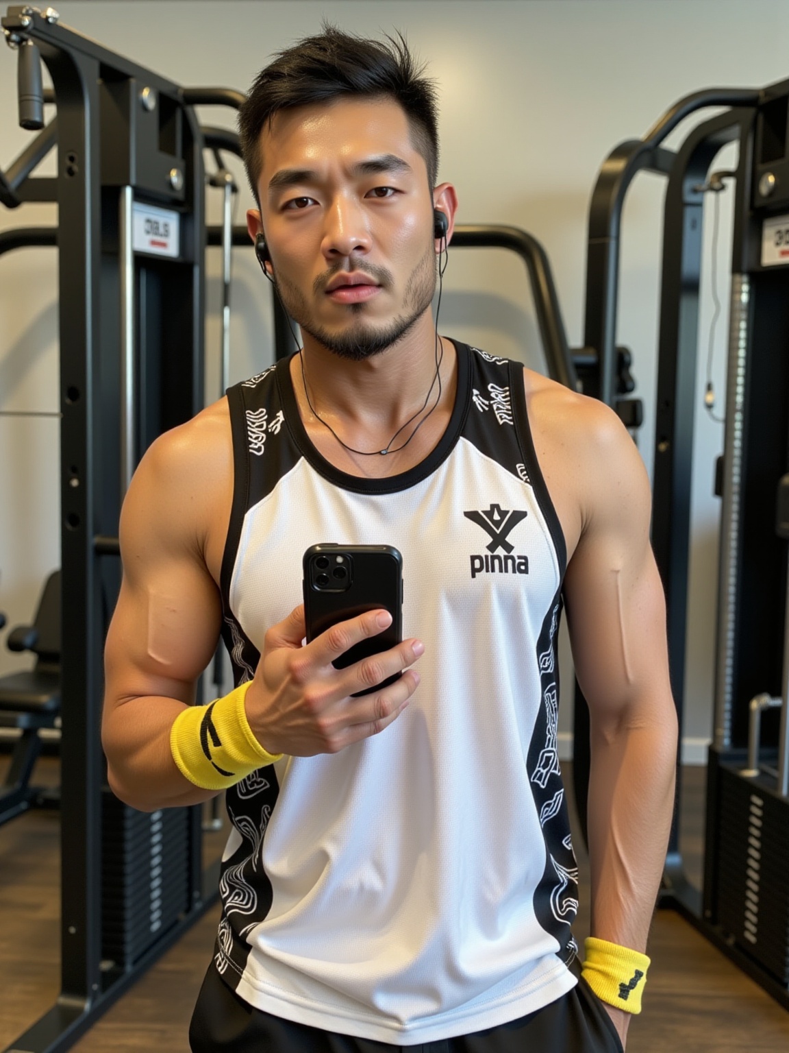 The handsome Asian man is in a gym, with fitness equipment behind him. He has short hair, well-defined facial features, and stubble on his cheeks and chin. He is wearing earbuds in his ears. Dressed in a black-and-white sports **** top with eye-catching black patterns and text logos, he looks full of vitality. He holds a mobile phone in his left hand, with yellow finger sleeves on his fingers, and his right hand is in his pocket. His posture is casual and confident, presenting an image of someone who loves fitness and is full of energy.<lora:Flux-FS-EP11:0.7>,  <lora:F.1-DETAILER_V1.0:0.5>