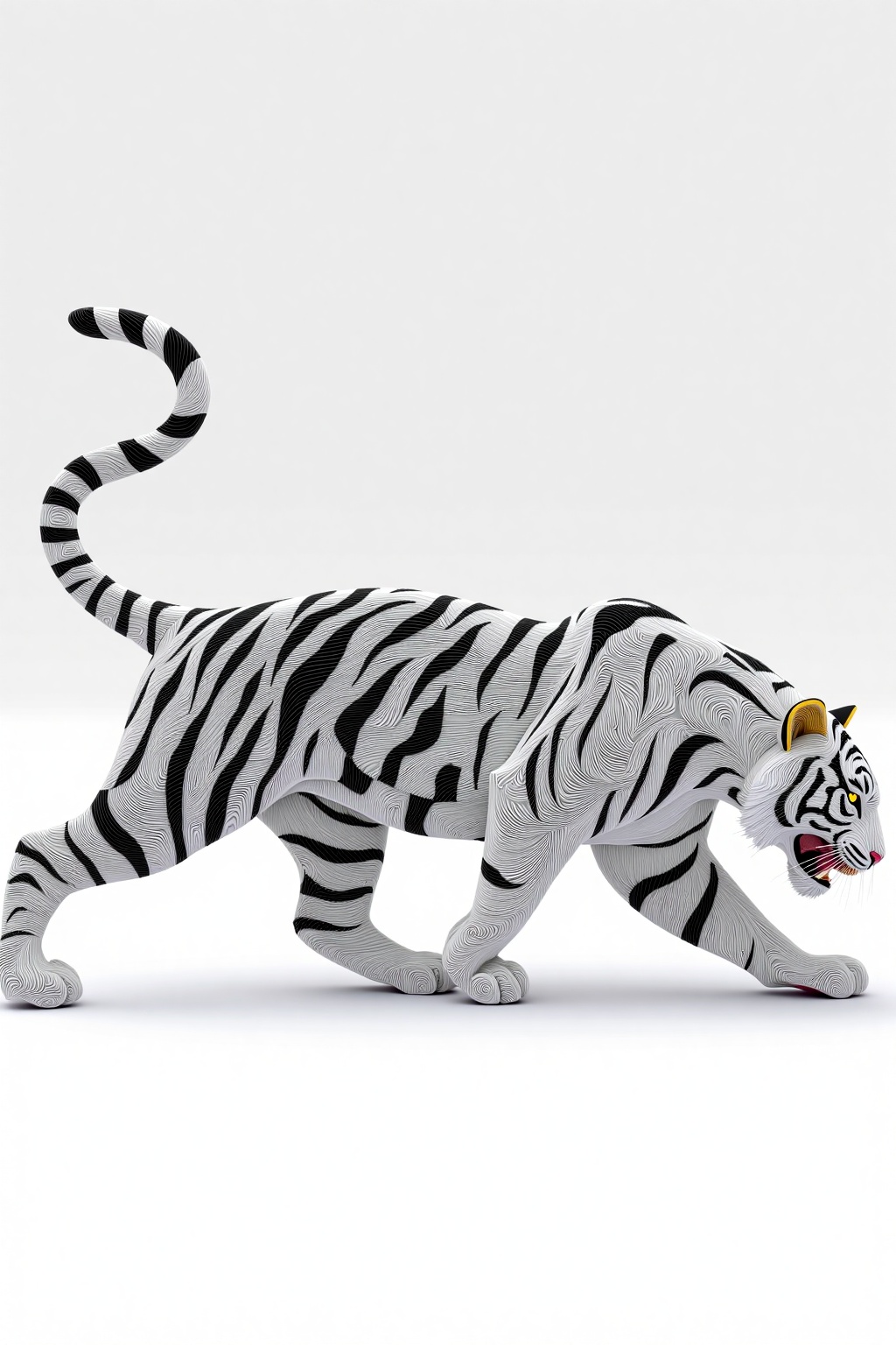 beijihui,Captured from a low-angle perspective on a stark white backdrop,a 3D rendering of a tiger is depicted. The tiger's body is adorned with black swirls,adding a touch of color to the otherwise monochromatic scene. The zebra's tail is curled up,adding depth to the composition. Its eyes are glowing with a yellow hue,adding contrast to the overall composition. The background is a solid white,allowing the tiger to be the focal point.,