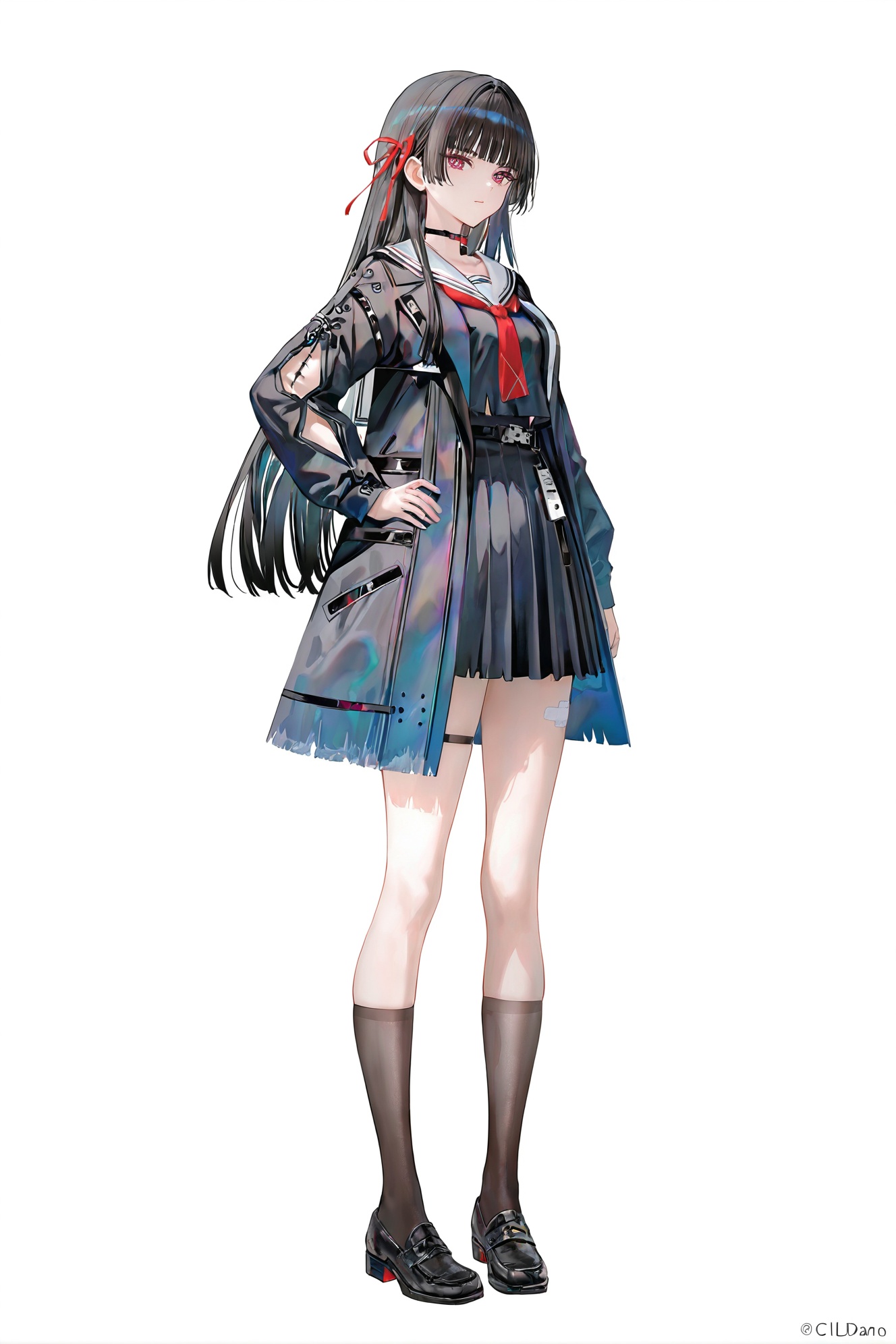 8k,best quality,masterpiece,(ultra-detailed),(high detailed skin),((artist:reoen),(artist:fuzichoco),(artist:atdan),(artist:torino_aqua),year 2024:0.8)1girl,[artist:wlop],[artist:ningen_mame],artist:ciloranko,[[artist:rhasta]],artist:tidsean,colorful,full body,full shot,standing,(solo:1.2),simple background,(white background:1.2),hand on own hip,(white background:1.1),looking at viewer,<lora:Chisa-will-Tanger-000014:0.8>,Chisa \(Wuthering Waves\),clothes: Chisadef Dark Academia school uniform,Chisadef Oversized Jacket,Chisadef Pleated mini Skirt,1girl,long hair,black hair,socks,black footwear,serafuku,loafers,choker,Right arm markings,White medical patch on left thigh,thigh strap,