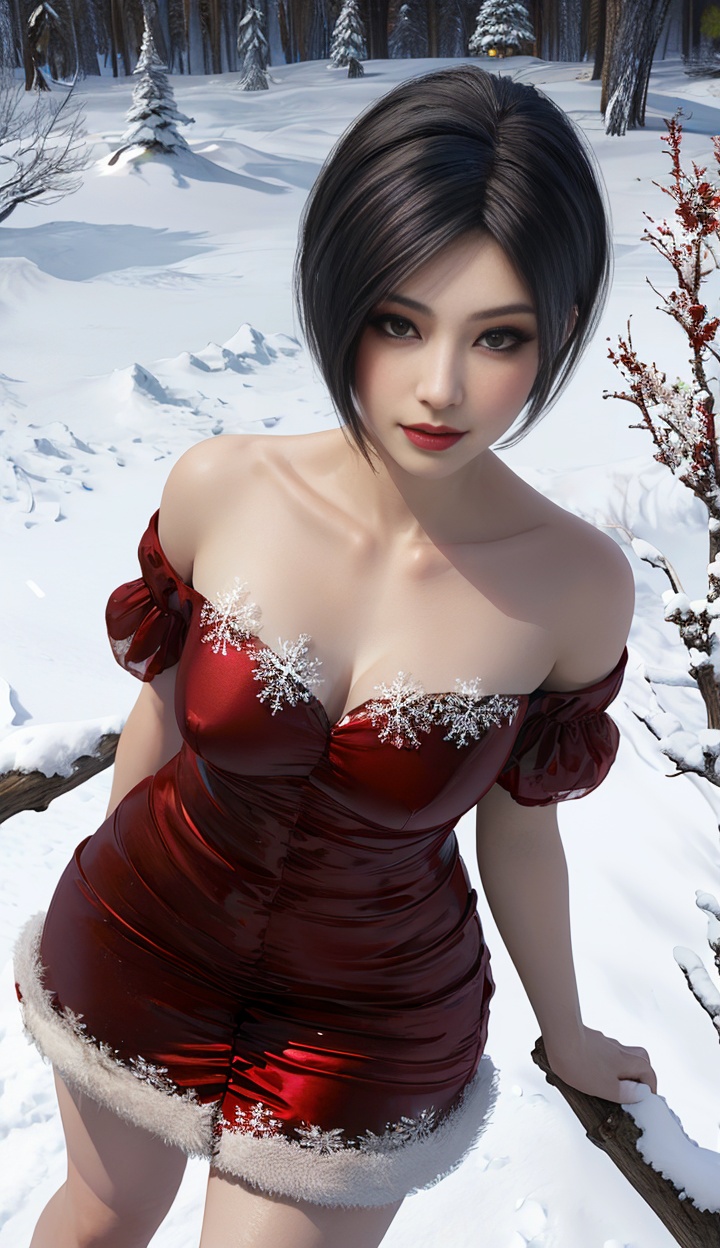 masterpiece,best quality,sfw,1girl,(((front view))),<lora:add_detail:0.3>,ada wang,black hair,short hair,looking_at_viewer,cowboy_shot,<lora:adawang-000005:0.7>,(red christmas dress),snowflakes,from_above,outdoors,