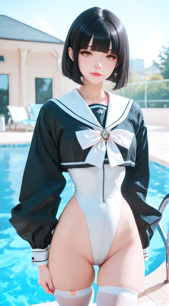 xg1,  white high-cut front-zip leotard with extreme leg cut,  black long-sleeve sailor cropped jacket featuring white sail...