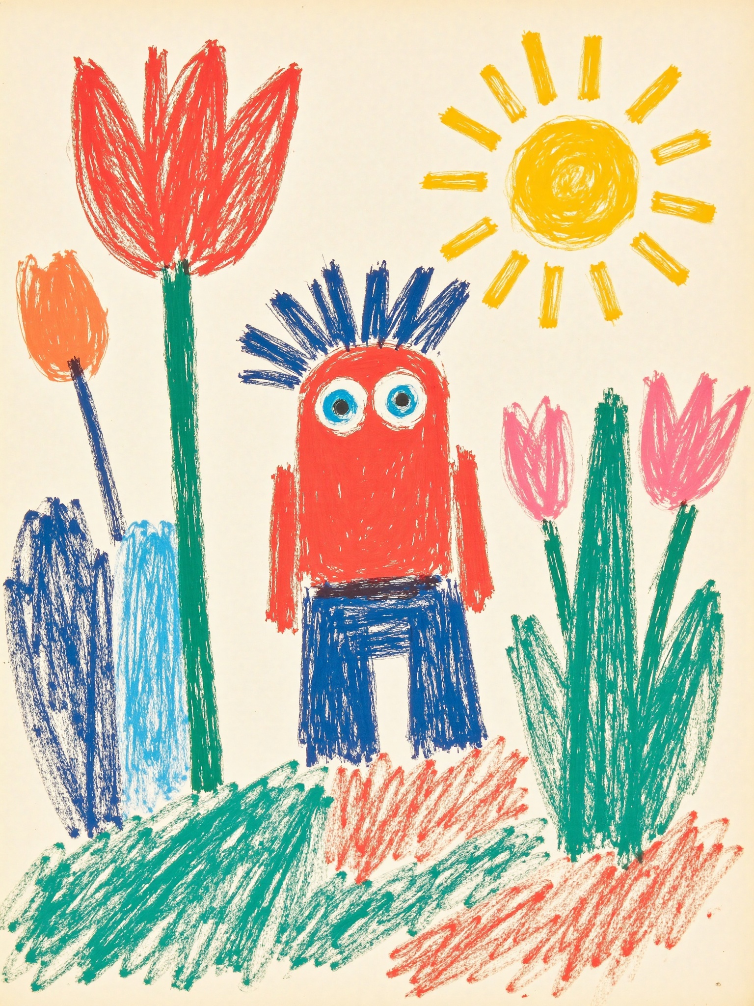 The main colors are bright and highly saturated red,blue,green,yellow,etc. Tone and style: The picture is painted with crayons,showing an innocent and naive style,with a handmade texture and rough lines,full of childishness and vitality,simple and exaggerated shapes,loose proportions,and natural irregular lines,**** a child's casual creation,with an overall innocent feeling. The granularity of the crayons is obvious,and the traces of smearing and overlapping color layers increase the authenticity of the handmade creation,which is simple and vivid.,