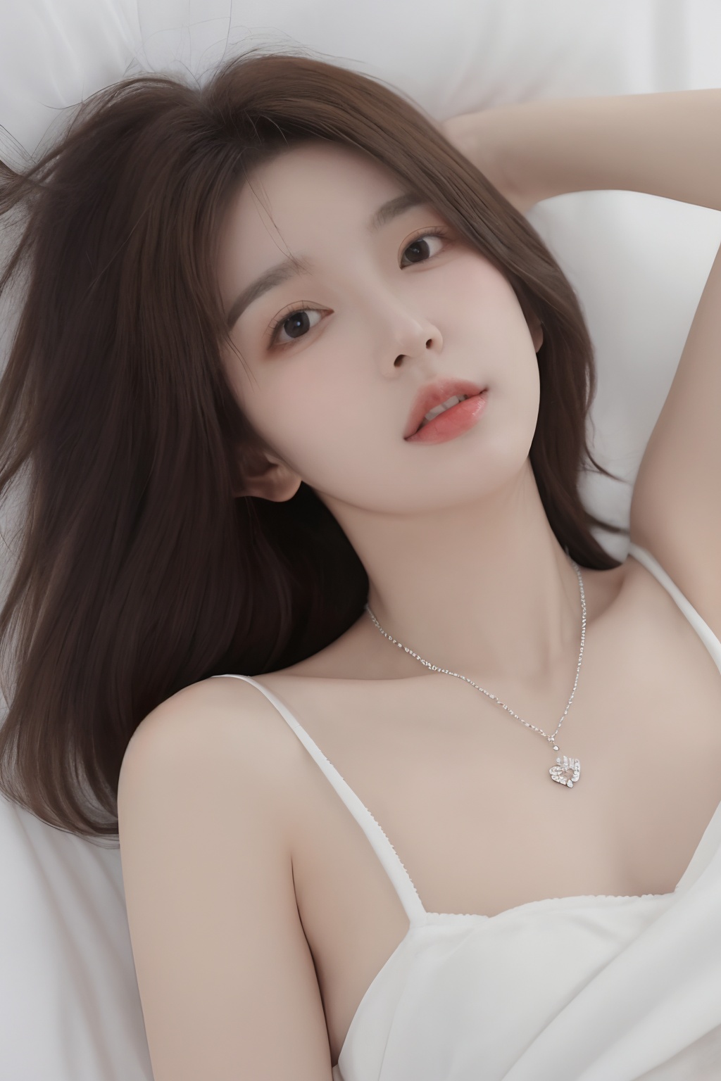 1girl,solo,lying,brown hair,necklace,realistic,looking at viewer,on back,black eyes,jewelry,lips,hand on own chest,black hair,parted lips,blurryt,<lora:sifang_20231118123505:0.7>, 