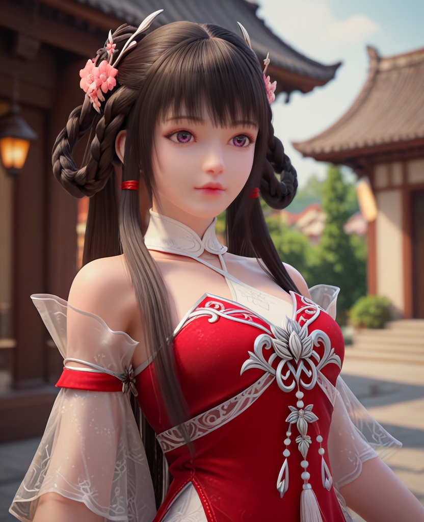 (oriental architecture, elegant decor, sophisticated style:1.1),shushing,(breasts:1.2),<lora:XL完美世界少女火灵儿:0.9>,miss huolinger,solo,red corset with white minidress underneath,see-through fart curtain,see-through sleeves,purple eyes,bangs,hair rings,hair flower,black hair,long hair,hanging hair,twintails,tassel,, zPDXL2, score_9, score_8_up, score_7_up BREAK realistic, masterpiece,best quality, highly detailed,, zPDXL3, zPDXL2,zPDXL, zPDXLxxx, zPDXLrl,