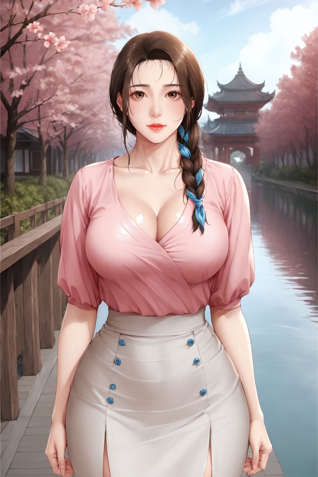safe_pos,score_9,score_8_up,score_7_up,yuanshen,1girl,breasts,skirt,solo,brown hair,braid,cleavage,large breasts,brown eyes,mature female,hair over shoulder,long hair,pink shirt,looking at viewer,shirt,white skirt,collarbone,thighs,single braid,arm behind back,ribbon,hair ribbon,looking at viewer,cowboy shot,nice hands,<lora:pony寄宿日记-张美静:0.8>,(highres, high quality:1.3),intricate details,sharp focus,depth of field,outdoors,lake,sunlight,peach blossom,soft focus,bright skin,Holy lighting,white skin,mature female,magnificent architecture,beautiful detailed sky,overexposure,dynamic pose,dynamic angle,<lora:add-detail-xl:0.5>,mature female,curvy,shiny skin,oiled skin,Expressiveh,