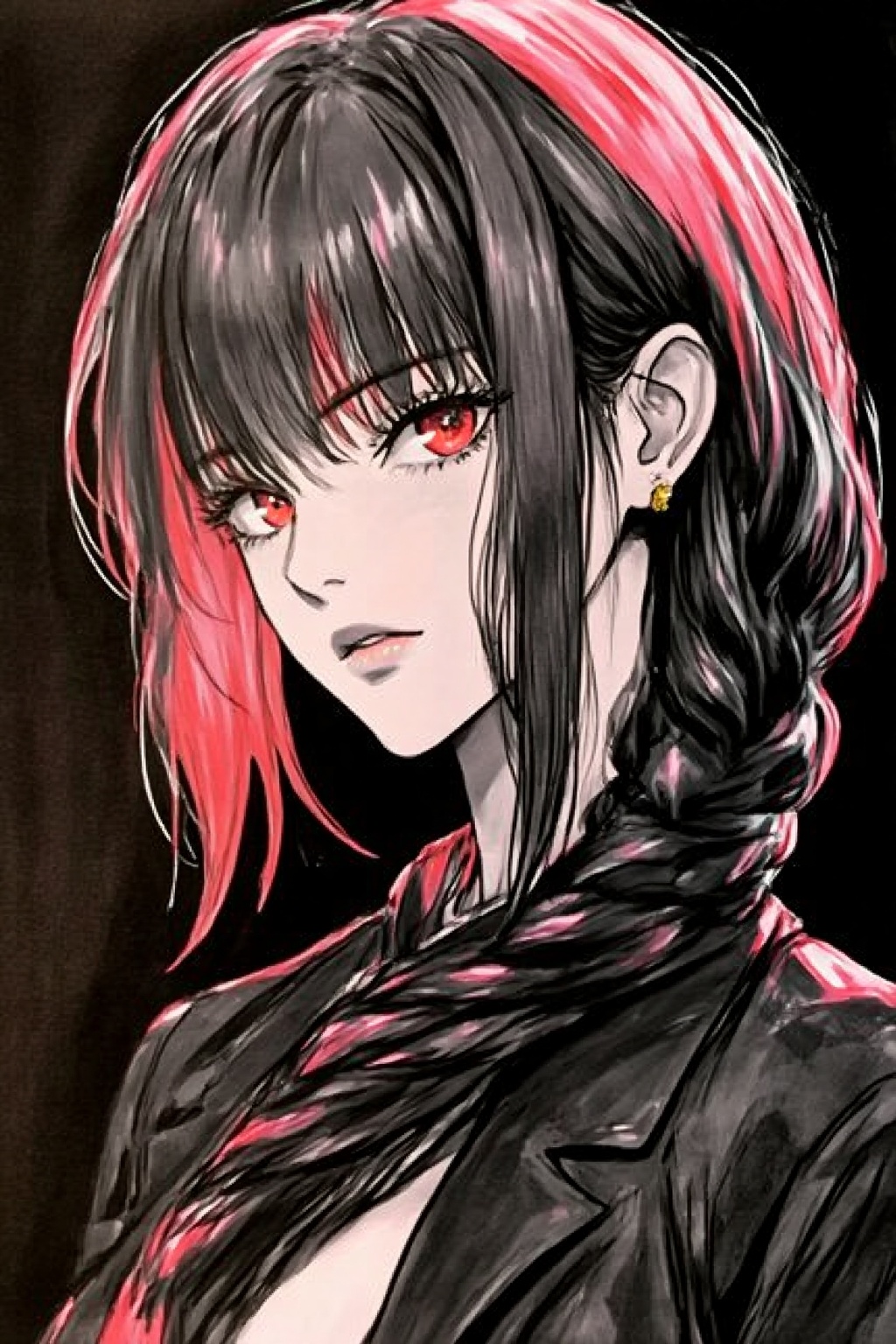 ZOZ_MKBA,a digital illustration shoot from a portrait camera angle about a close-up portrait of a young woman with striking features and striking red eyes,wearing a black outfit with red accents,the subject,a 1girl,is positioned in the middle of the image,looking directly at the viewer with a serious expression,she has short,wavy black hair with pink highlights,and her eyes are a striking red color,her hair is styled in a bob cut with bangs,and she has a slim body with a prominent nose and parted lips,she is wearing a dark outfit with a high collar and a black jacket with a red scarf around her neck,the background is a simple black gradient,which contrasts with the vibrant colors of her hair and outfit,the artists signature is visible in the bottom right corner,adding a personal touch to the image,
