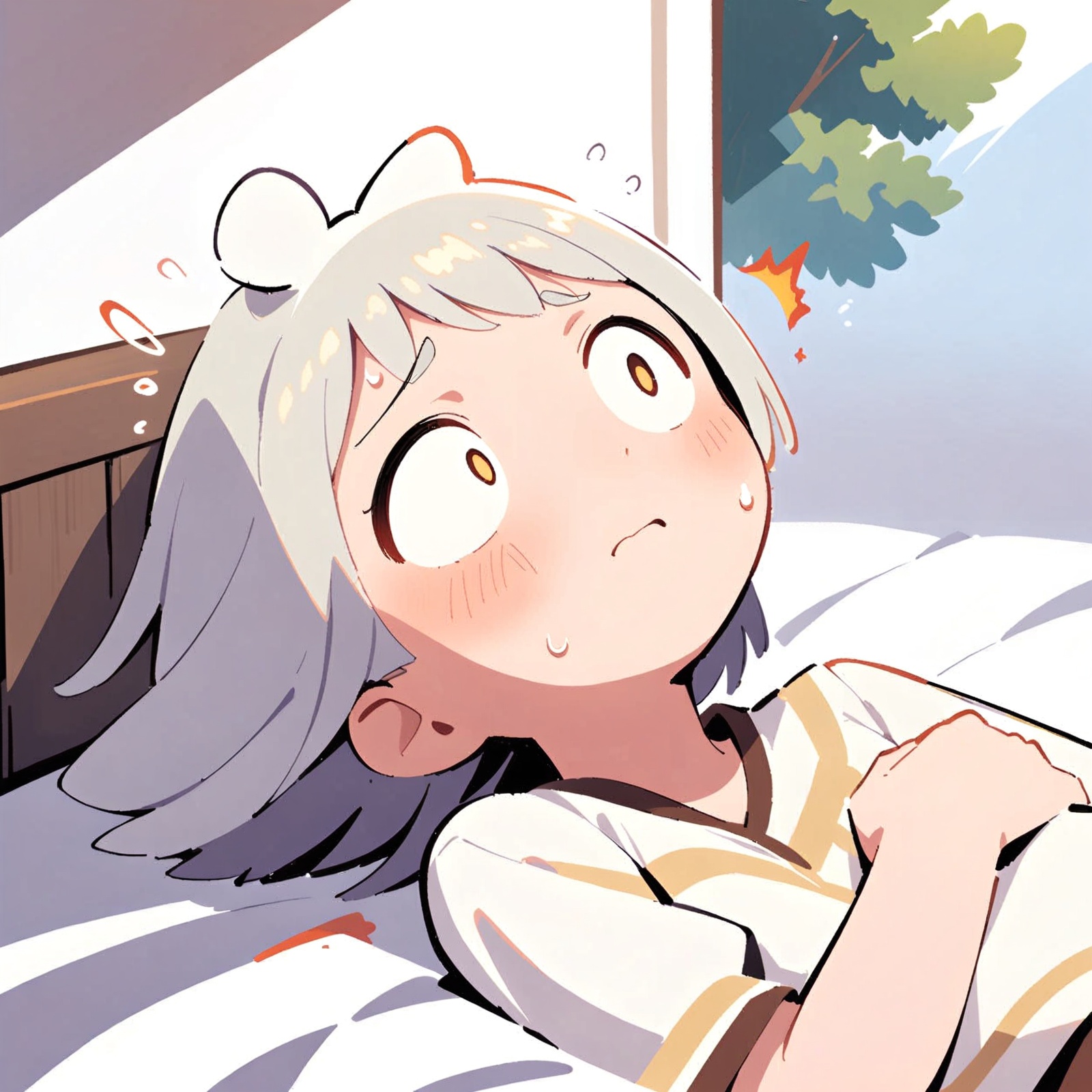 Lying on the bed, a woman in a cosplay costume sat on the bed with her hands on her head, panicked expression, blushing and sweating, white stockings, no shoes, sweating, scared looking, scorching environment, casual shorts, struggling