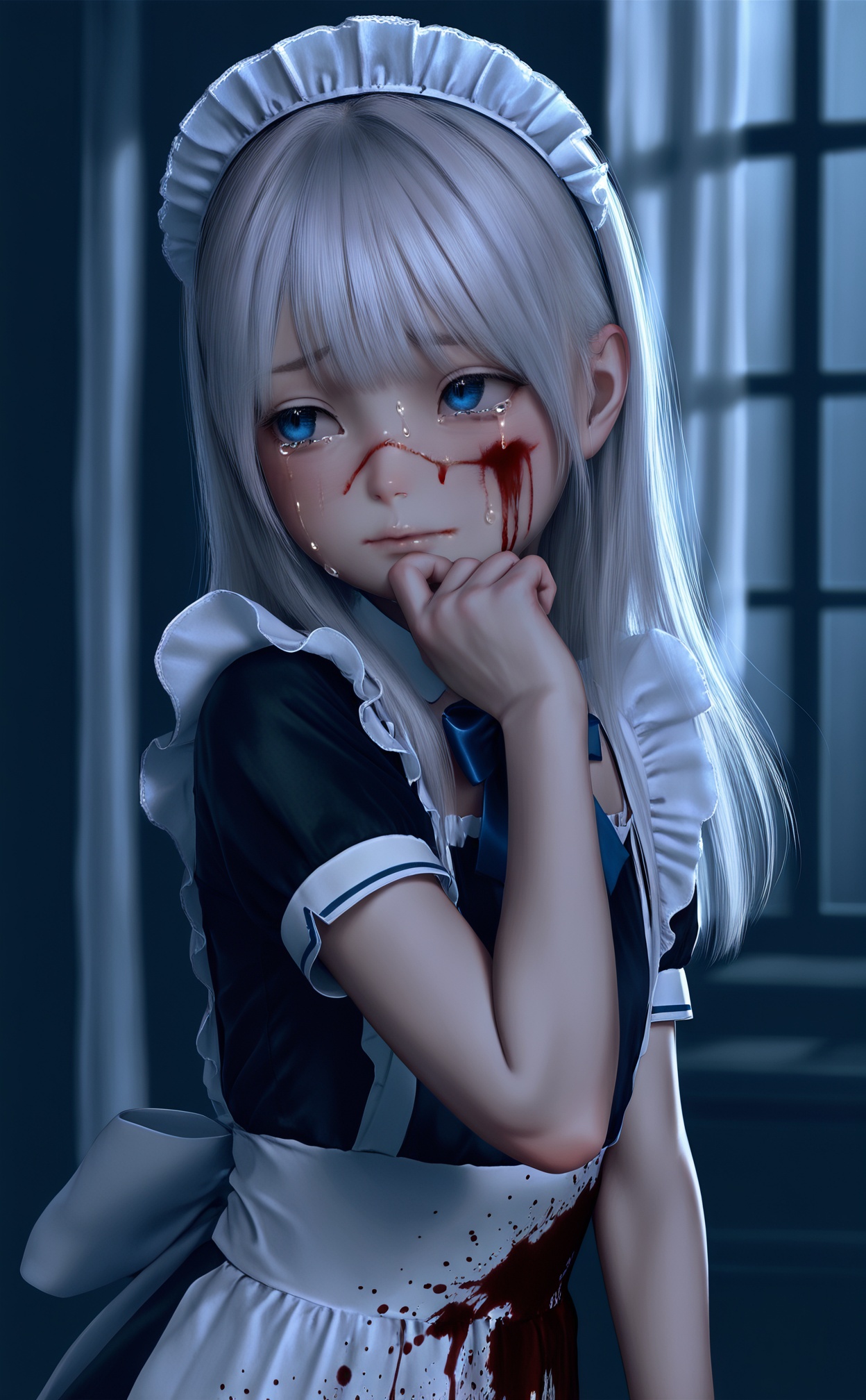 masterpiece,highres,newest,best quality,high quality,loli,petite,chromatic_aberration,//,loli,Amazing,highres,intricate detail,best illumination,best shadow,(late at night),night,(Dark blue theme),Depth of field,window,White curtains,1girl,loli,solo,bangs,blood on face,dark persona,white hair,Blue bow tie,maid,Short sleeve,apron,maid headdress,long hair,hand on own chin,teary-eyed,blood on clothes,blood,maid apron,//,year_2023,year_2024,//,