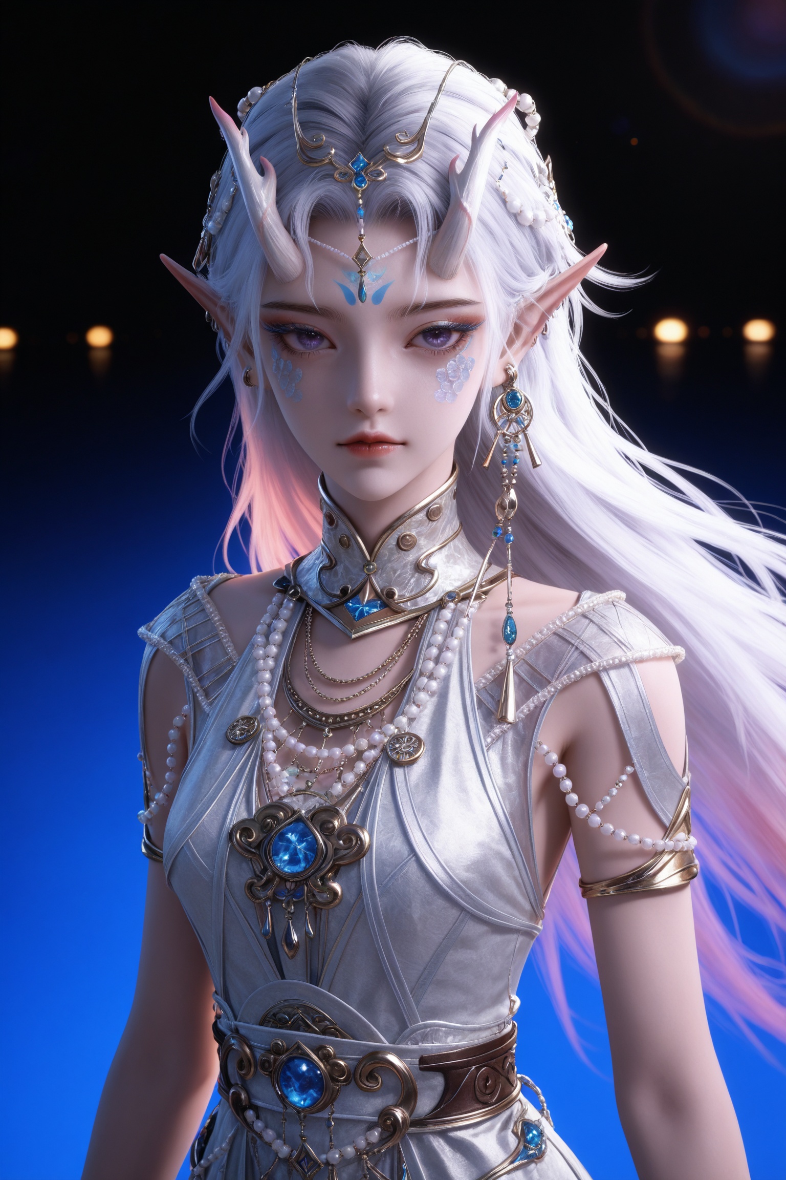 Nai3 style,realistic style photo,outstanding style,Use soft lighting to cast gentle shadows on the subject,adding a touch of dimension to your images without compromising details,whirls of vapor,(Anime:1.1),soft neon light,ethereal ambiance,delicate details,magical atmosphere,concept art,highly detailed,ultra-high resolution,32K UHD,sharp focus,best-quality,masterpiece,golden hour,unconventional supreme masterpiece,masterful details,temperate atmosphere,with a high-end texture,in the style of fashion photography,magazine style,Dynamic Angle,Dynamic posture,magazine style,Dynamic Angle,Dynamic posture,(cowboy_shot:1.2),eye trail,depth of field,cinematic lighting,lens flare,close-up,extreme aesthetic,(wlop:0.6),(honjou raita,lack,rella,wanke:0.5),masterpiece,best quality,good quality,newest,year 2025,very aesthetic,absurdres,Visual impact,A shot with tension,ultra-high resolution,32K UHD,sharp focus,best-quality,masterpiece,Emotionalization,unconventional supreme masterpiece,masterful details,temperate atmosphere,with a high-end texture,in the style of fashion photography,(Visual impact:1.2),giving the poster a dynamic and visually striking appearance,<lora:百炼成神3-封念云IL:0.7>,1girl,long hair,white hair,pointy ears,hair ornament,facial mark,eyelashes,purple eyes,bracelet,horns,white dress,armlet,gem,anklet,long legs,toenails,shorts,, solo,upper body,looking at viewer,gradient background,gradient,blue background,black background,