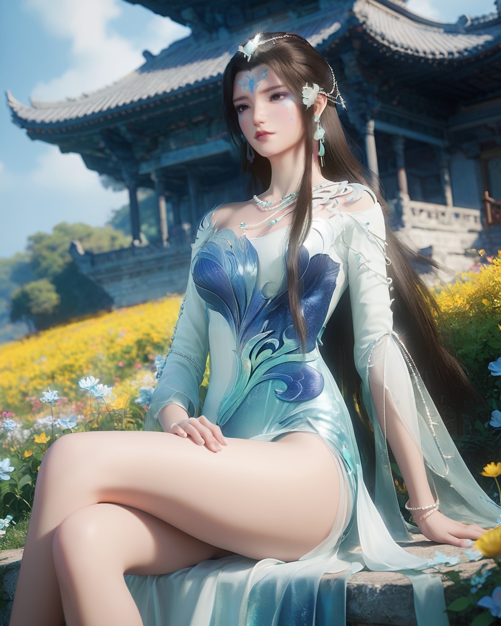 1girl,solo,long hair,breast,medium breast,earrings,hair_ornament,thick_thighs,<lora:wy_qingshuang_XL5.0:0.8>,dress,gaden,on_ground,flower,flowers,outdoors,day,forehead_mark,facial_mark,sitting,, score_9,score_8_up,score_7_up,score_6_up,score_5_up,score_4_up,
