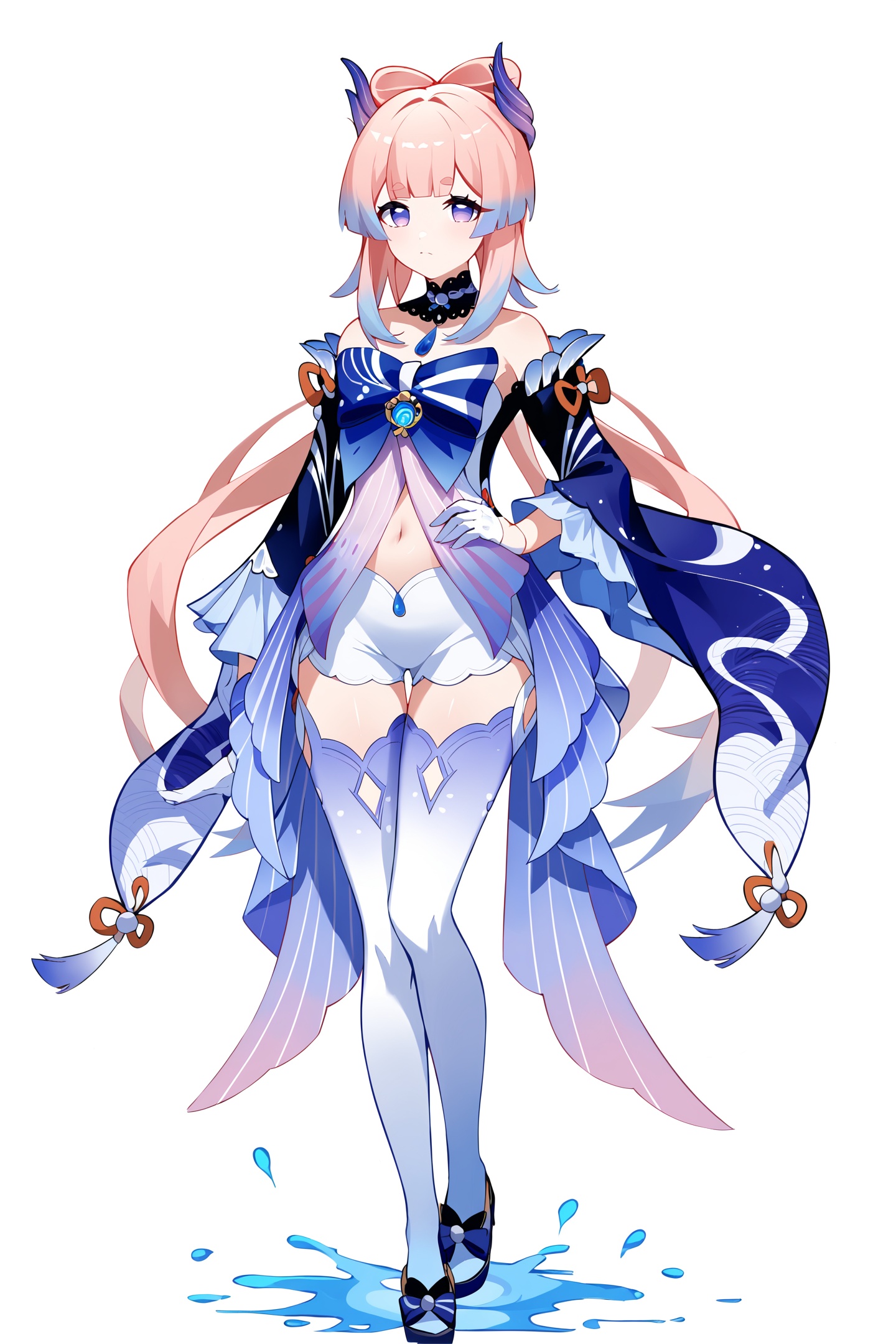 score_9,score_8_up,score_7_up,score_anime,8k,best quality,masterpiece,(ultra-detailed),(high detailed skin),(by nanoless, by misumi \(macaroni\),:0.5),<lora:YLI 0.1v:0.25>,<lora:style1:0.25>,A full-body portrait of a young girl,standing gracefully,pastel art style,high-key lighting,shoujo manga influence,hd quality,delicate details,full body,full shot,standing,looking at viewer,(solo:1.2),simple background,white background,hand on own hip,Digital Deconstruction,Glitch Art,<lora:xinhai_new-pony-Tanger-000019:0.8>,Sangonomiya Kokomi  /\(genshin impact/\), clothes: def xinhai clothes, 1girl, sangonomiya kokomi, thighhighs, navel, bow-shaped hair, long hair,white gloves, pink hair, shorts, wide sleeves, bangs,bare shoulders,
