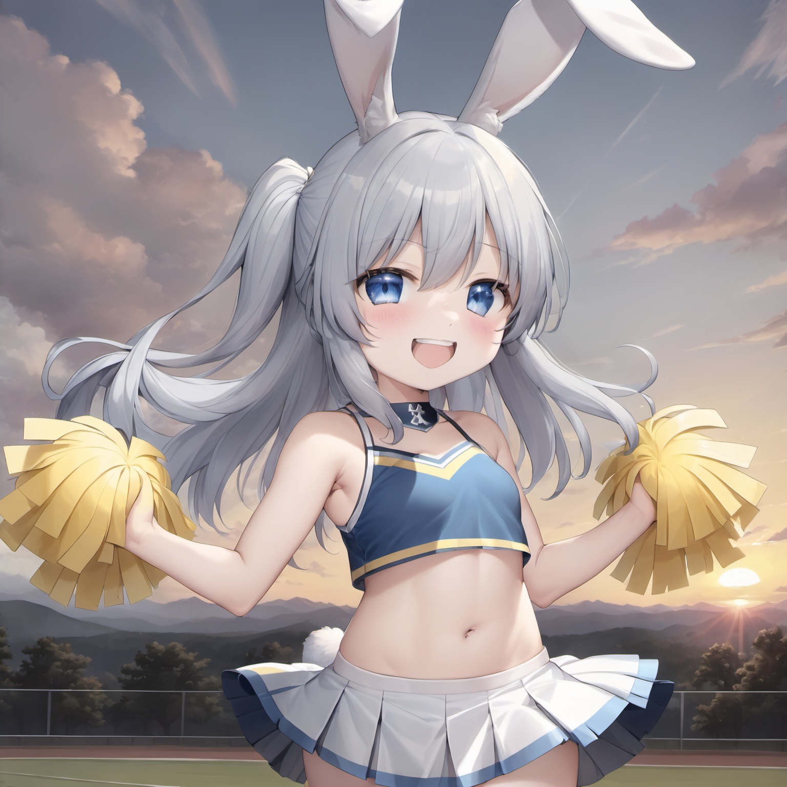 <lora:rabbit_girl_xl:0.8>,looking at viewer,blush,smile,open mouth,blue eyes,skirt,shirt,hair ornament,navel,holding,bare shoulders,standing,collarbone,tail,white hair,:d,grey hair,thighs,cowboy shot,pleated skirt,outdoors,sky,sleeveless,choker,midriff,cloud,miniskirt,stomach,blue skirt,crop top,bare arms,sleeveless shirt,white skirt,blue shirt,sunset,cheerleader,pom pom \(cheerleading\),holding yellow pom poms,