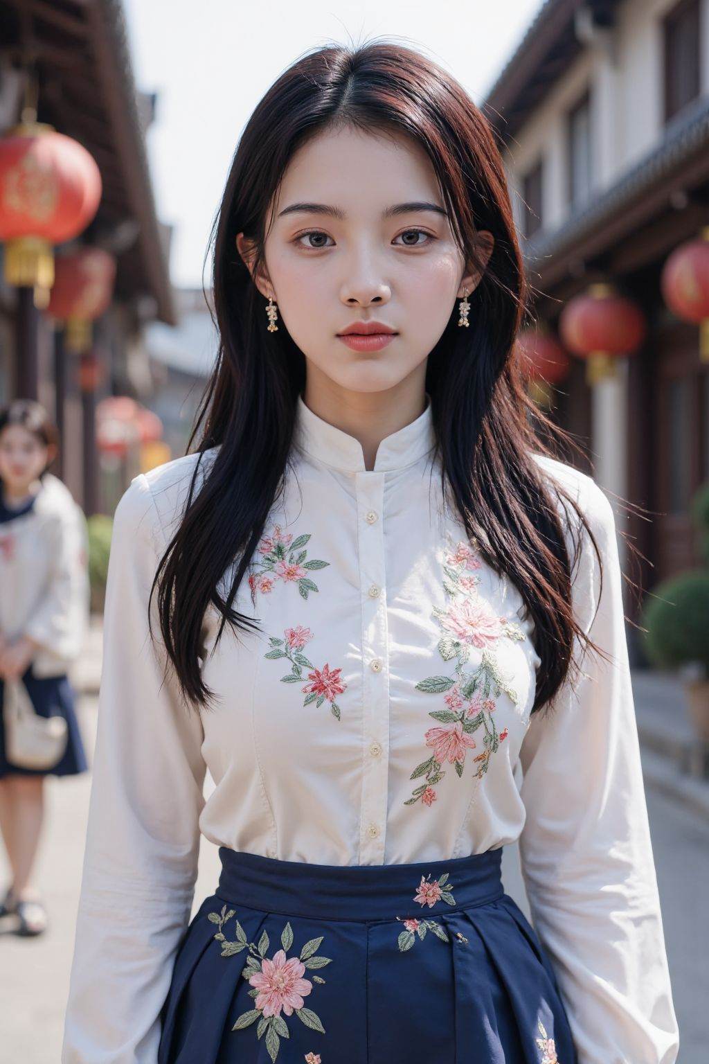 HDR photo of cinematic film still this photograph features a young girl with long,straight black hair and fair skin,standing on a traditional Chinese street. She wears a white blouse with intricate floral embroidery and a high-waisted,navy-blue skirt adorned with floral patterns. The street is lined with red lanterns and traditional wooden buildings,with another girl in the background. The scene is well-lit,suggesting daytime., <lora:20250814_AgainGirlF1Lora10:1>
